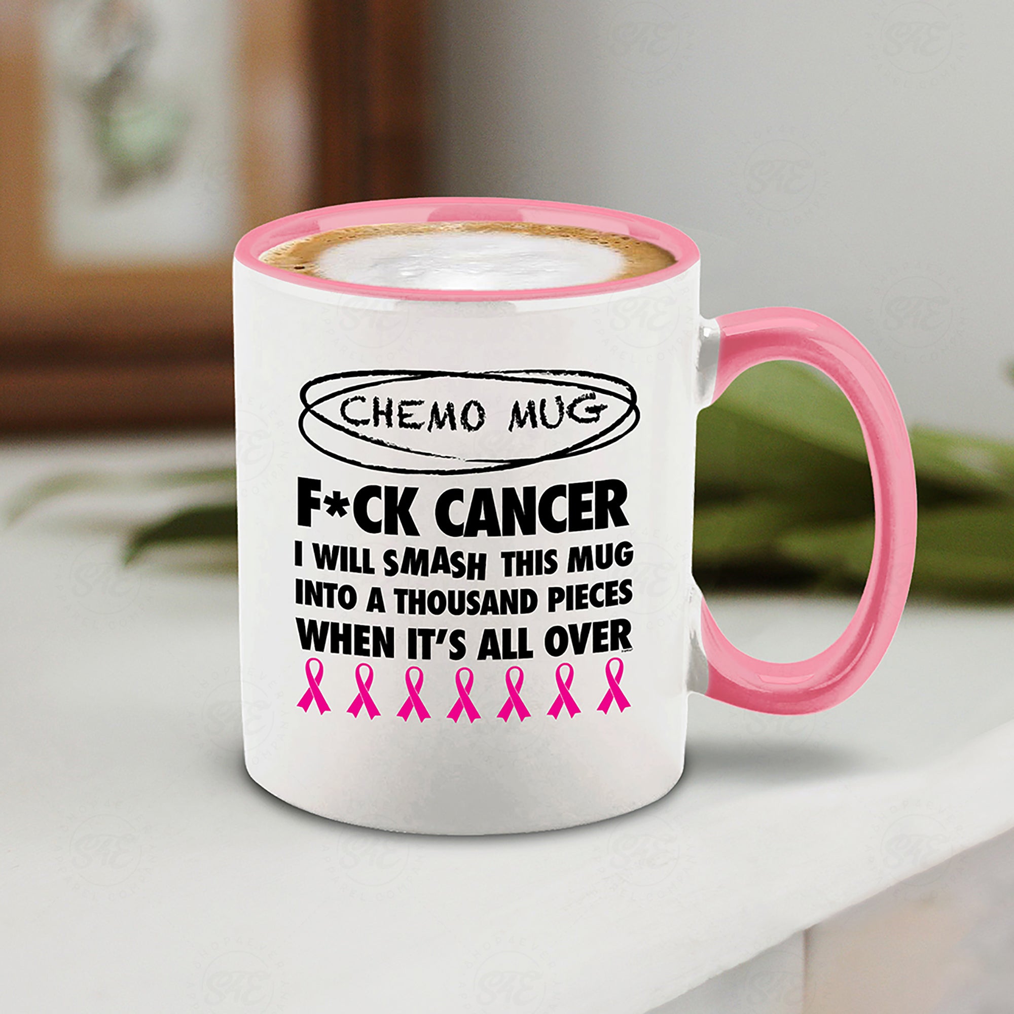 Chemo Mug I Will Smash This Mug Into a Thousand Pieces When It's All Over Ceramic Coffee Mug (Pink Handle, 11 oz.)