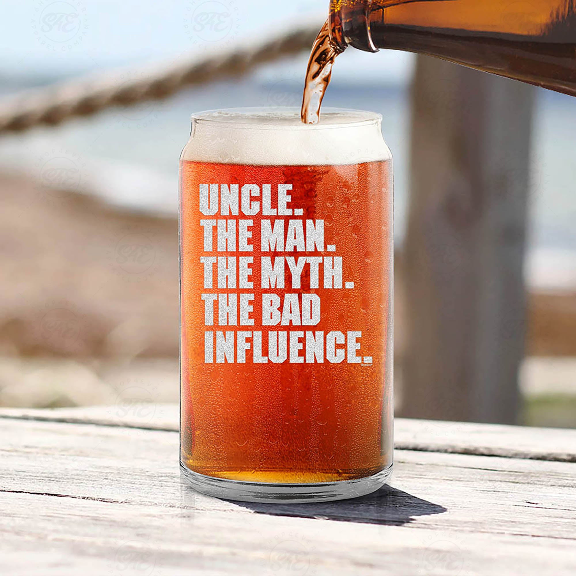 Uncle. The Man. The Myth. The Bad Influence. Engraved Beer Can Glass Funny Uncle Glass Gift