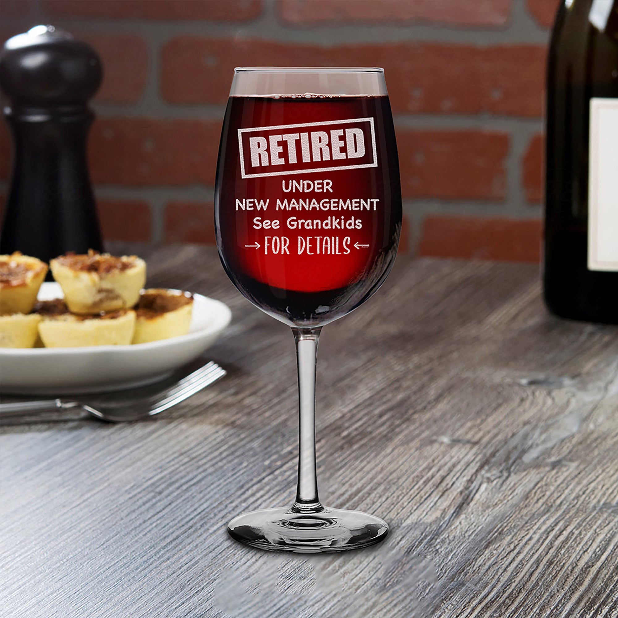 Retired Under New Management See Grandkids For Details Engraved Stemmed Wine Glass Funny Retirement Gift for Grandma Grandpa (16 oz.)