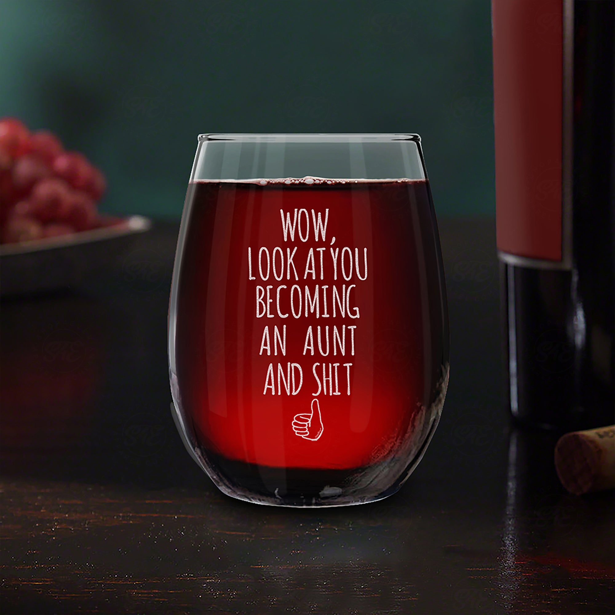 Wow, Look At You Becoming An Aunt Engraved Stemless Wine Glass Promoted to Aunt New Auntie (Aunt)