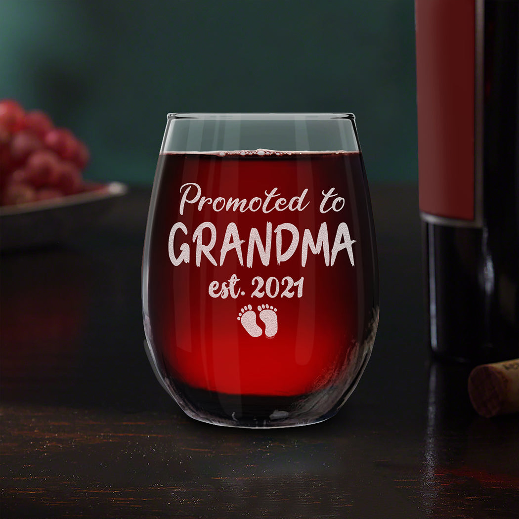 Promoted To Grandma Est 2021 Engraved Stemless Wine Pregnancy Announcement Grandma To Be