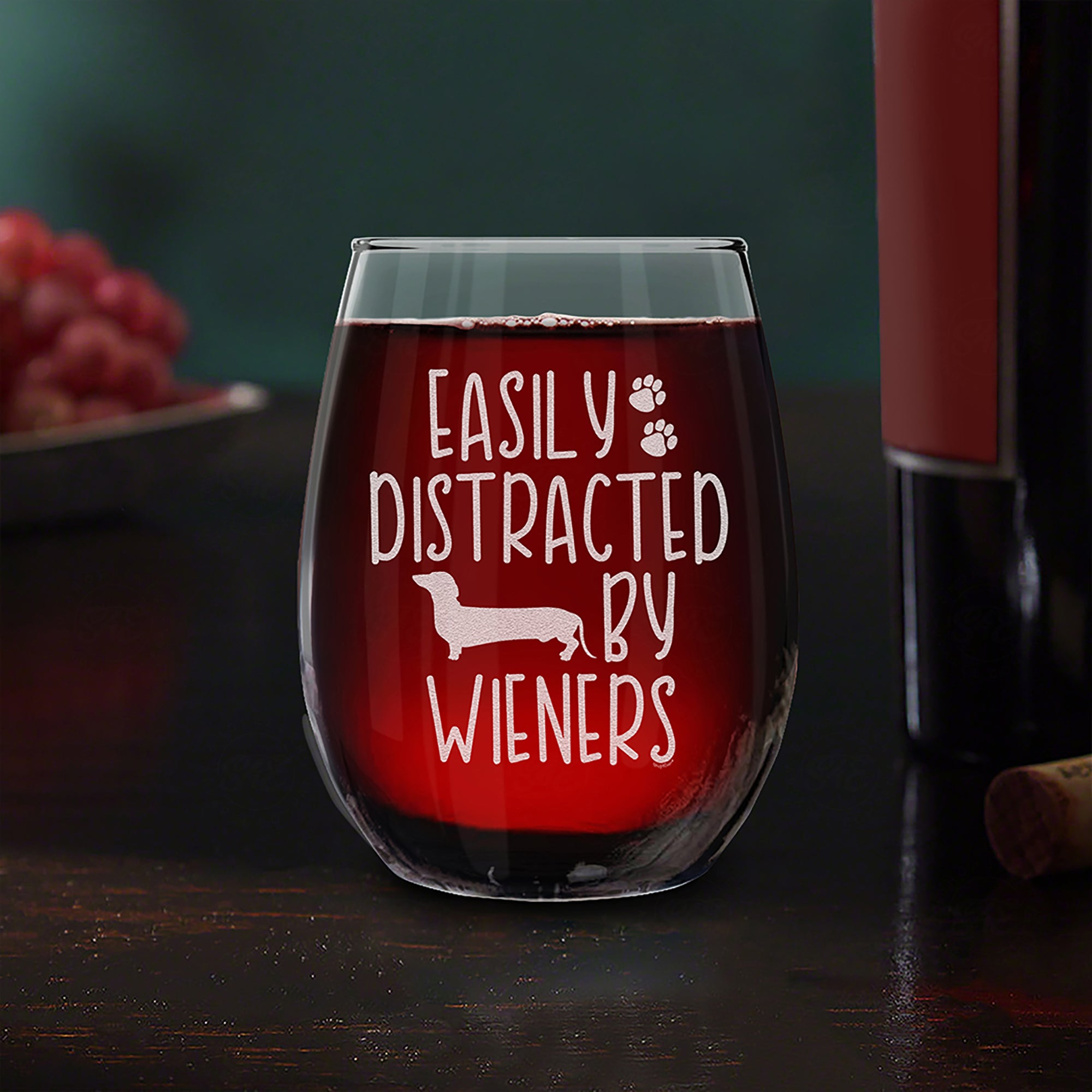 Easily Distracted By Engraved Stemless Wine Glass Funny Dachshund Weiner Dog Mom Gift