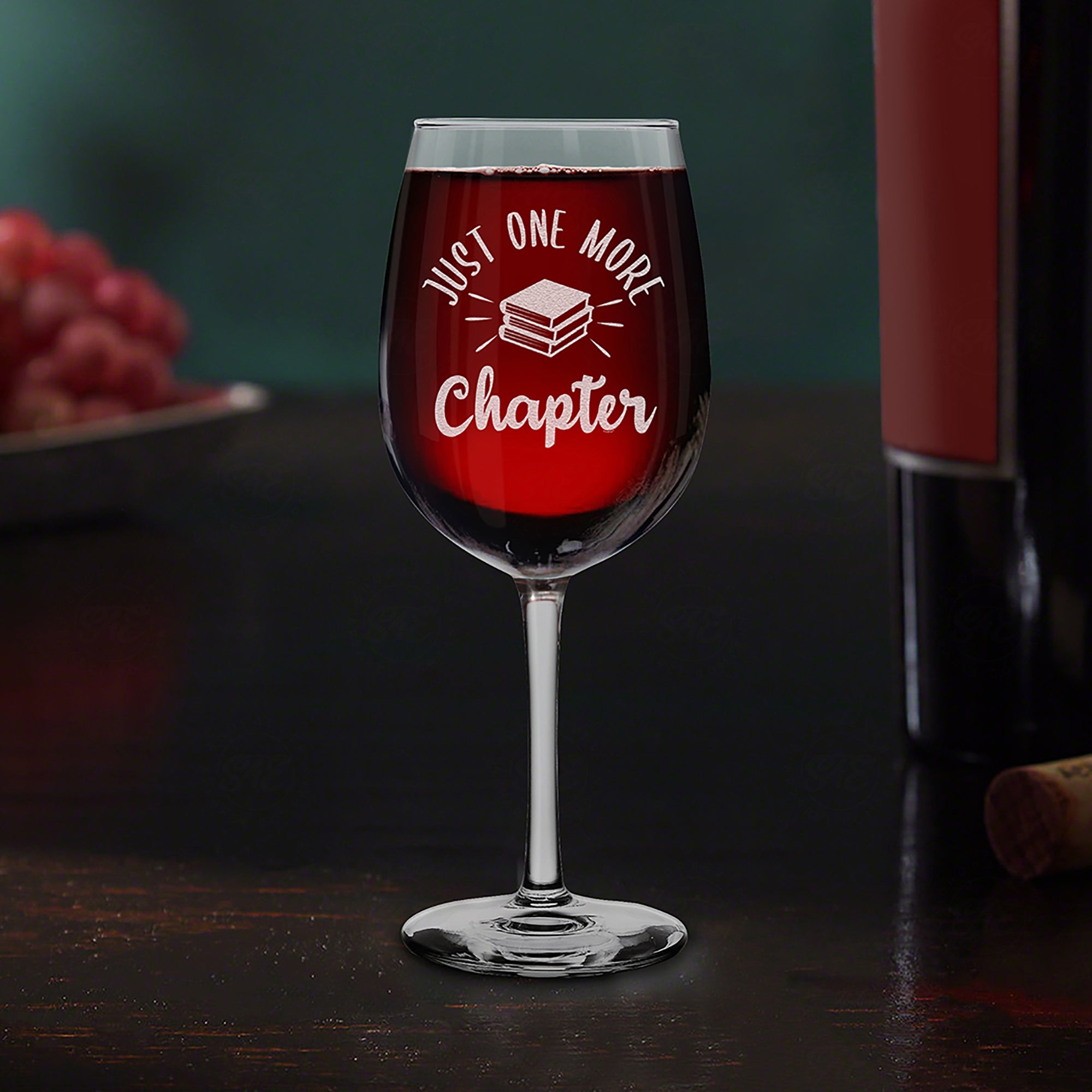 Funny Reading Wine Glass Just One More Chapter Engraved Stemmed Wine Glass Gift for Book Worm Reader Teacher Librarian (16 oz.)