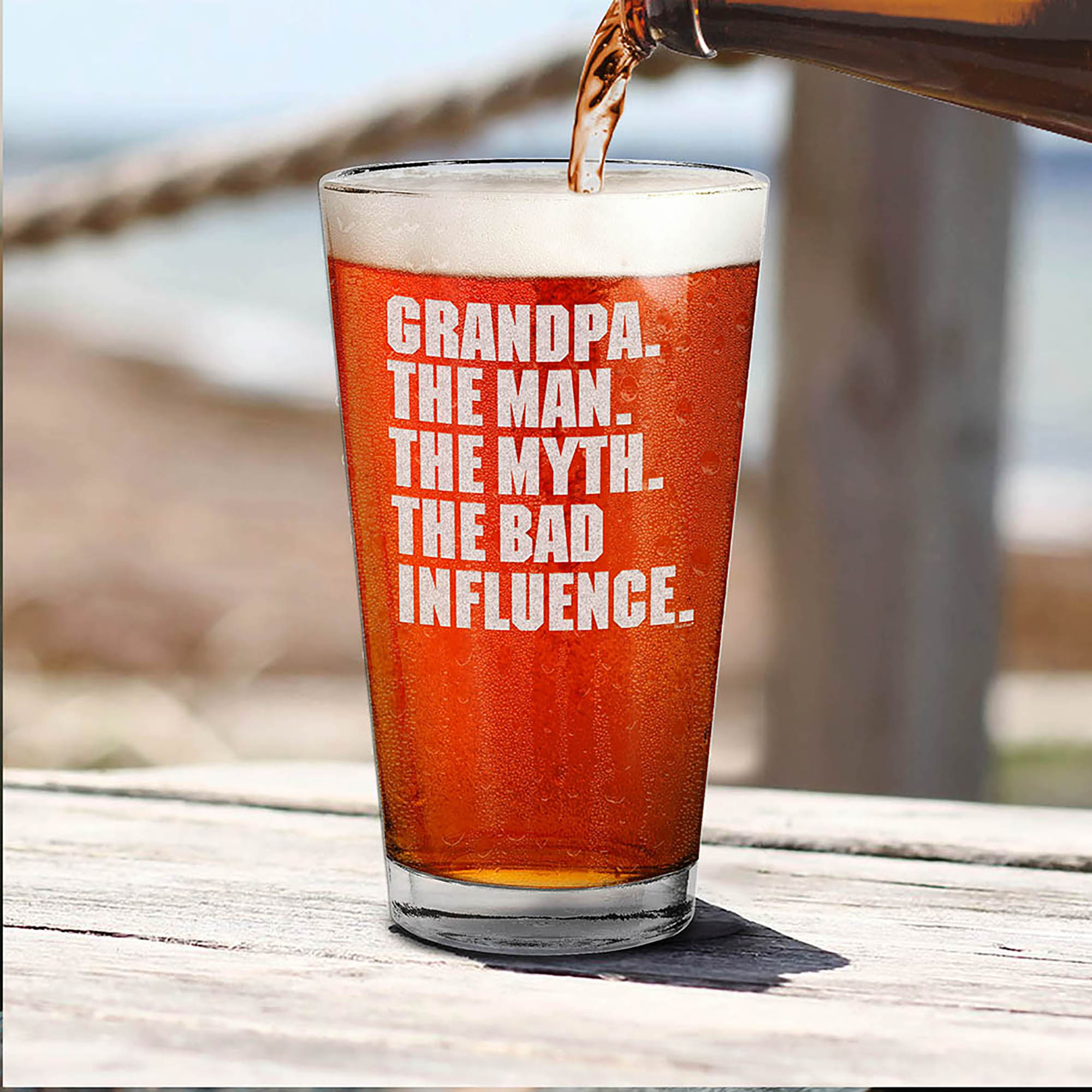 Grandpa. The Man. The Myth. The Bad Influence. Engraved Beer Pint Glass Grandpa Drinking Glass