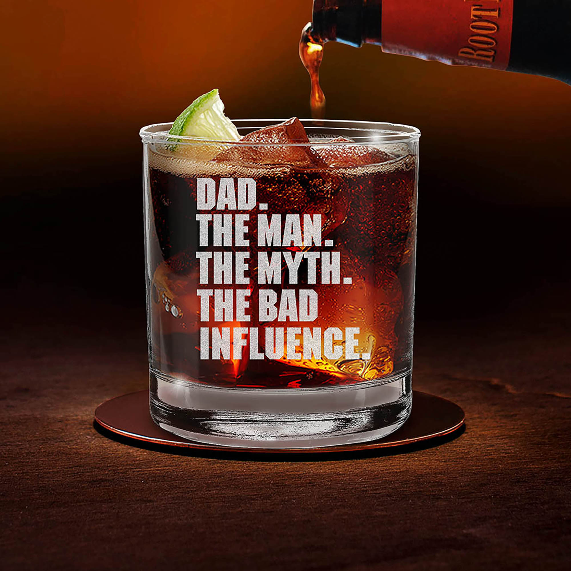 Dad. The Man. The Myth. The Bad Influence. Engraved Whiskey Glass Funny Father's Day Gift Glass For Dad Promoted to Daddy New Dad