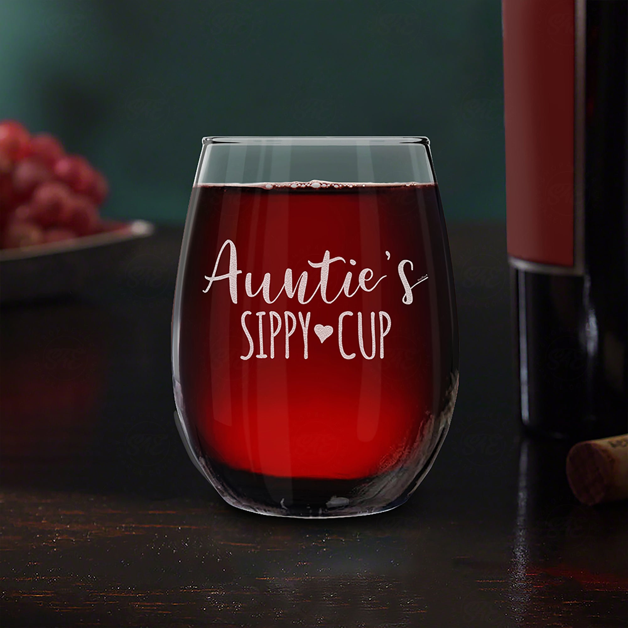Auntie's Sippy Cup Engraved Stemless Wine Glass Promoted to Aunt New Auntie Wine Glass