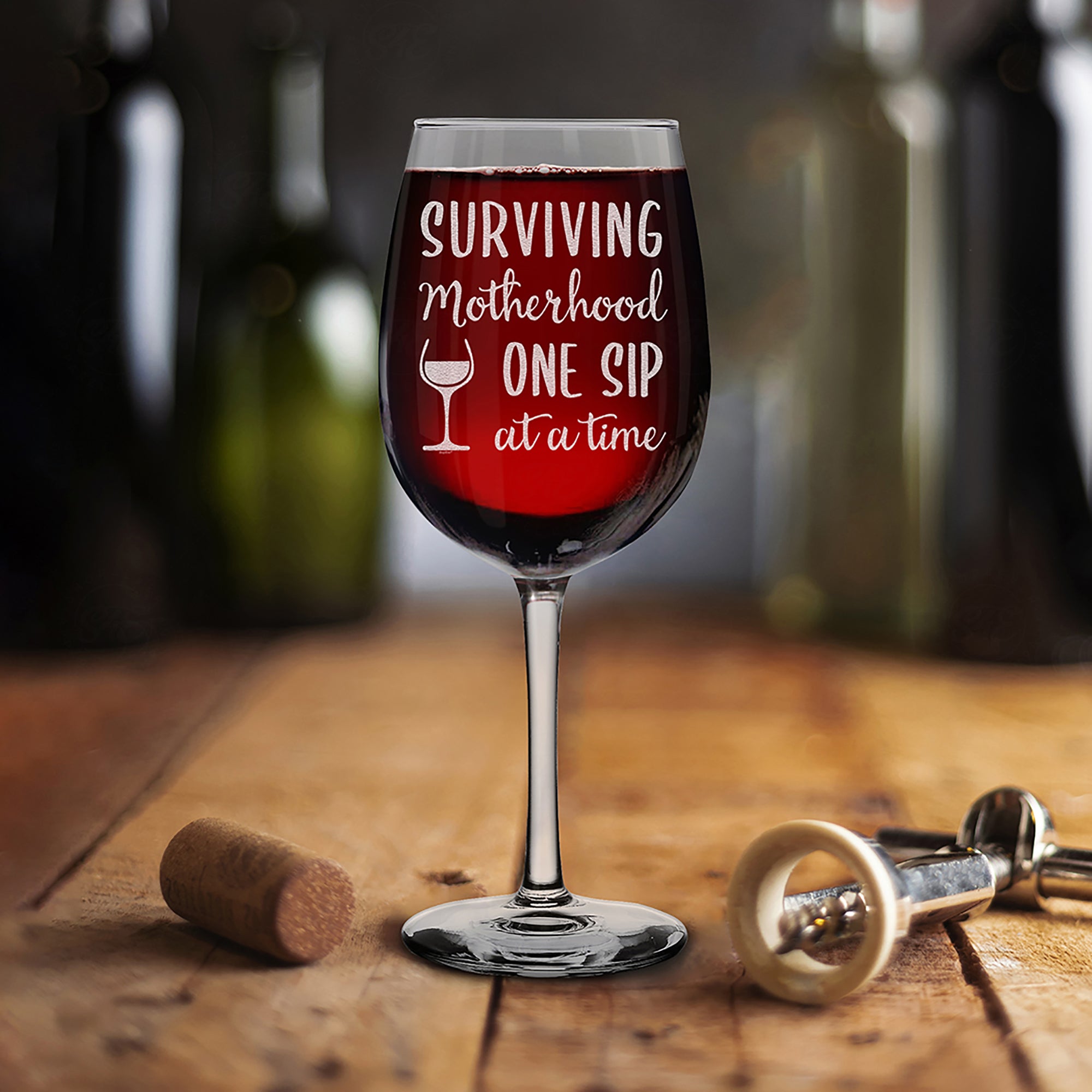 Surviving Motherhood One Sip At A Time Engraved Stemmed Wine Glass Funny New Mom Gift (16 oz.)