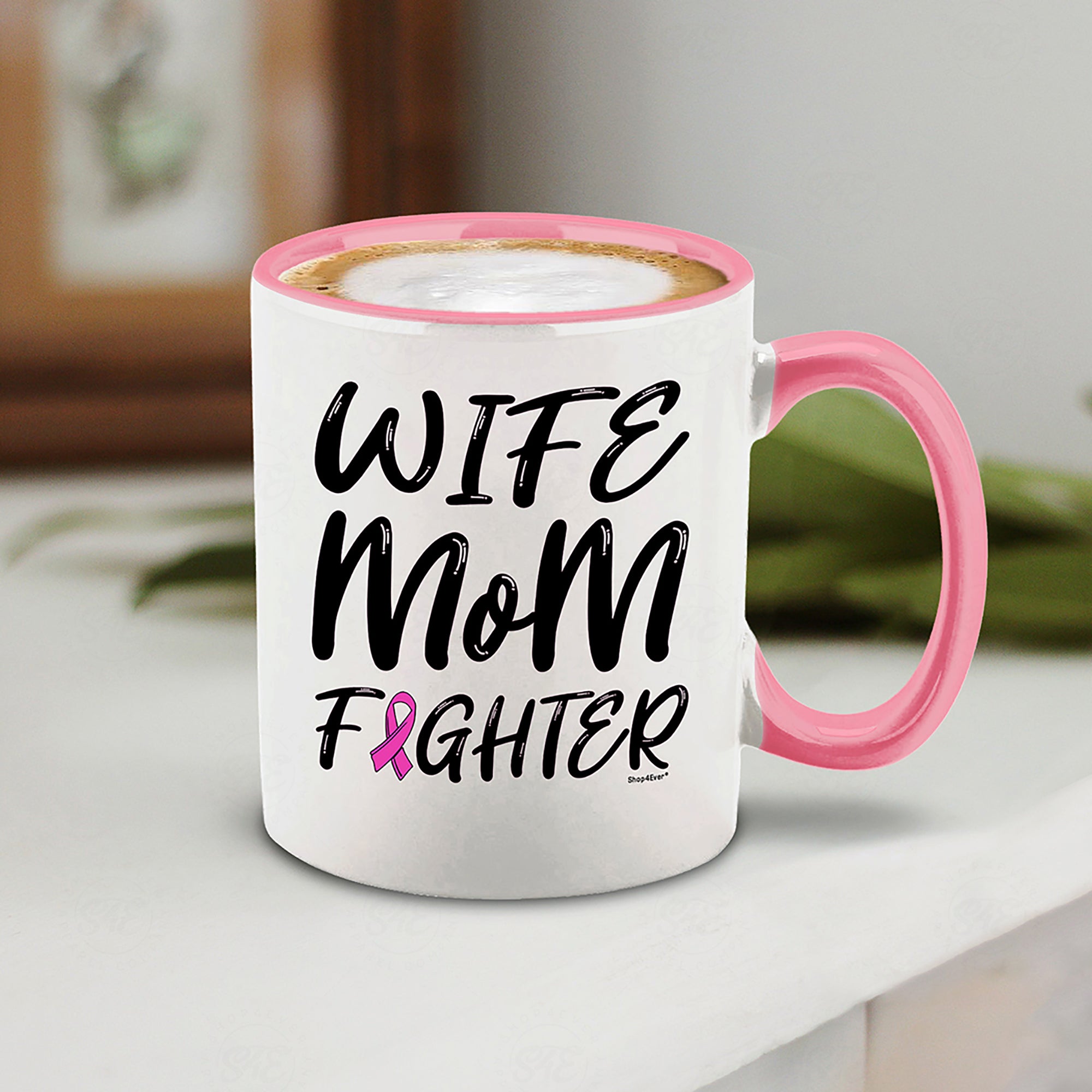 Wife Mom Fighter Pink Handle Ceramic Coffee Mug Tea Cup Pink Ribbon Breast Cancer Survivor Awareness