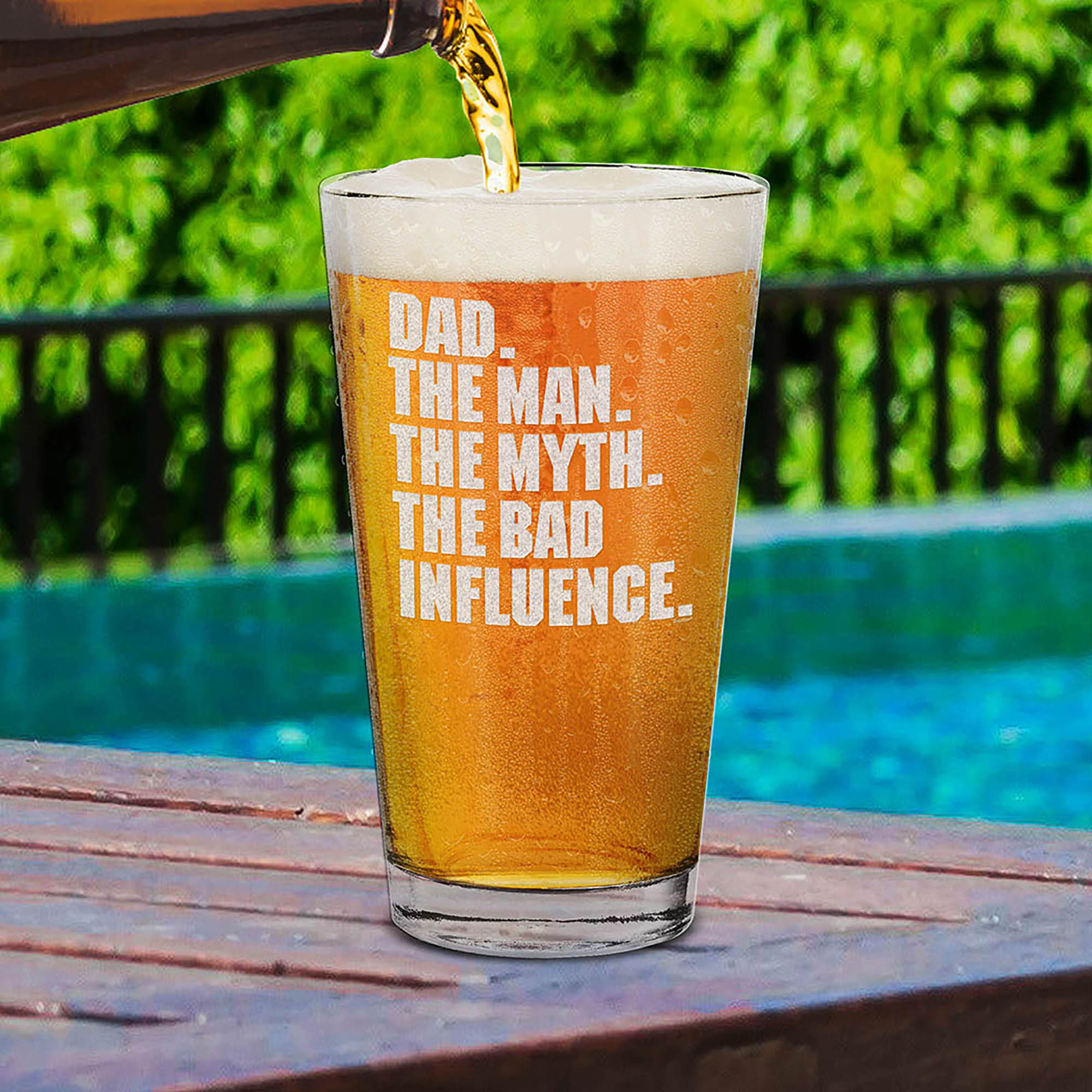 Dad. The Man. The Myth. The Bad Influence. Engraved Beer Pint Glass Funny Father's Day Gift Drinking Glass For Dad