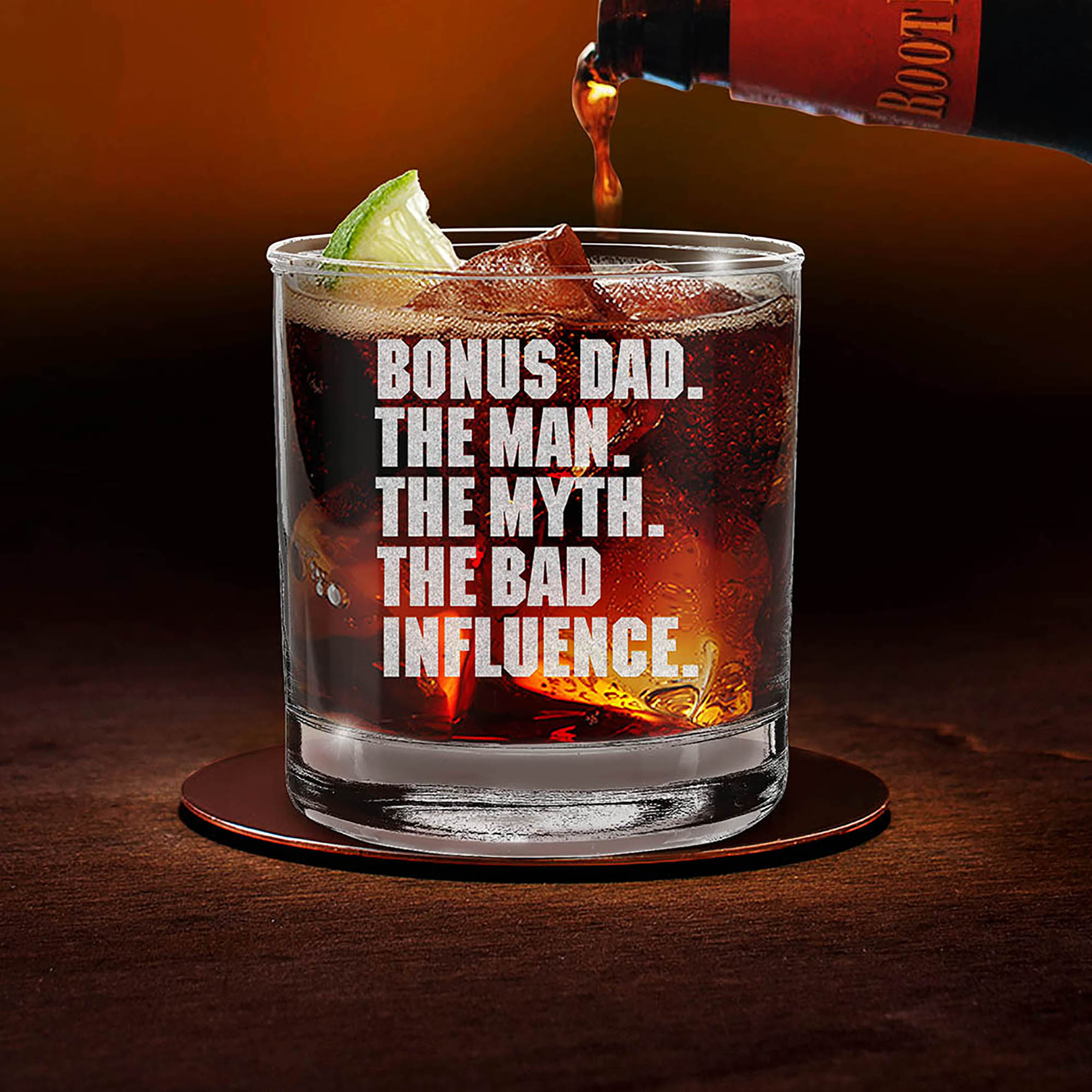 Bonus Dad The Man The Myth The Bad Influence Engraved Whiskey Glass Step Dad Glass