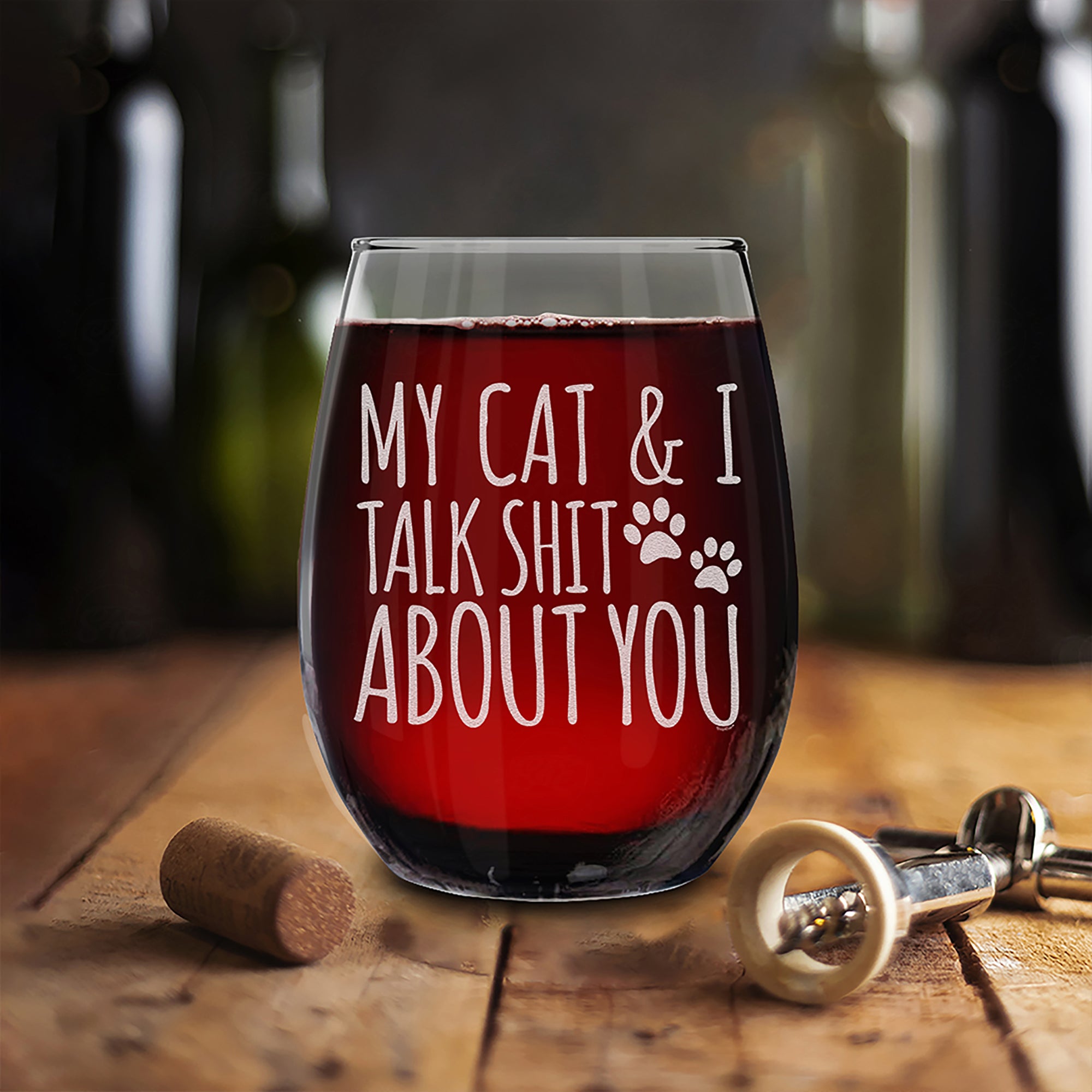 My Cat & I Talk About You Engraved Stemless Wine Glass Funny Cat Mom Gift