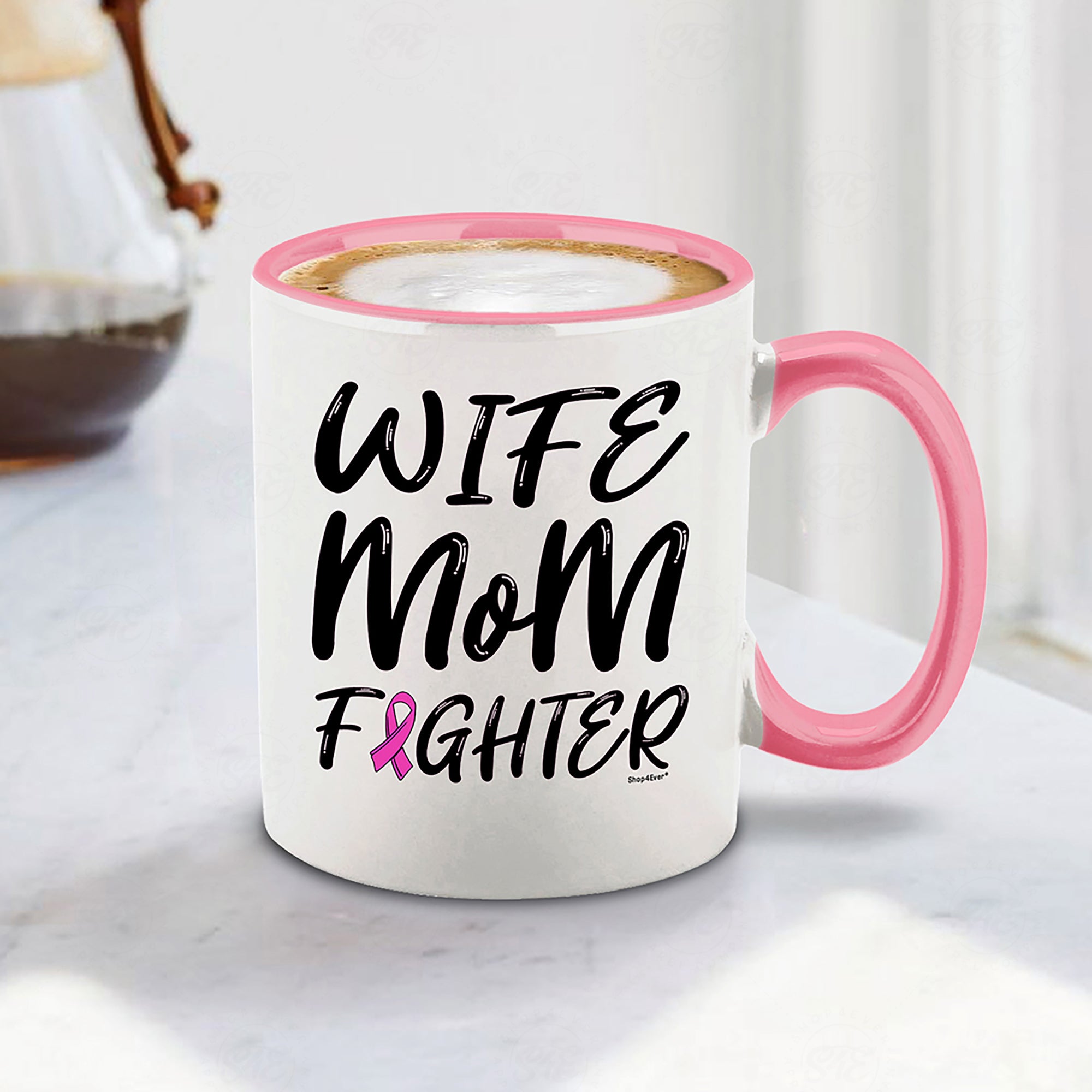 Wife Mom Fighter Pink Handle Ceramic Coffee Mug Tea Cup Pink Ribbon Breast Cancer Survivor Awareness