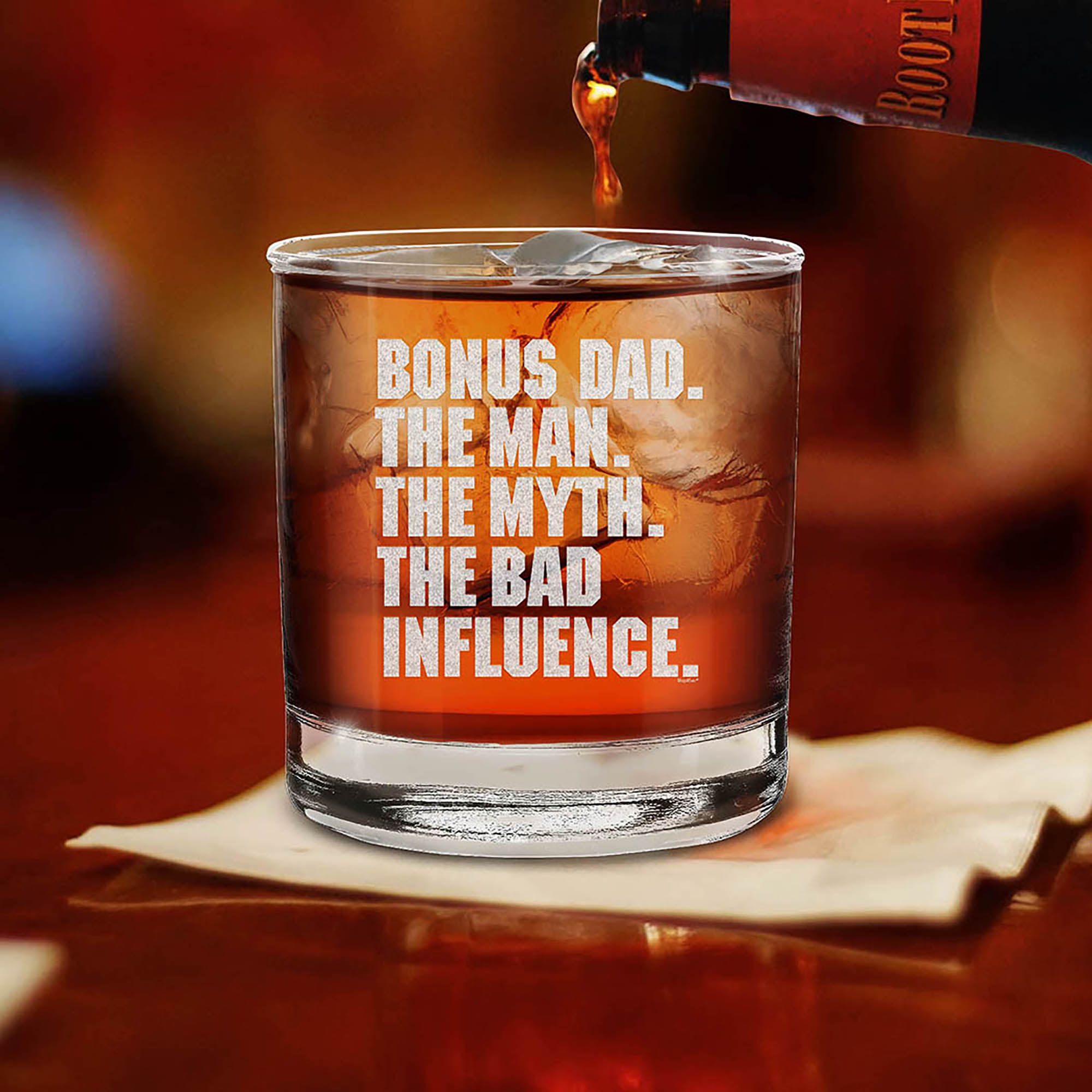 Bonus Dad The Man The Myth The Bad Influence Engraved Whiskey Glass Step Dad Glass