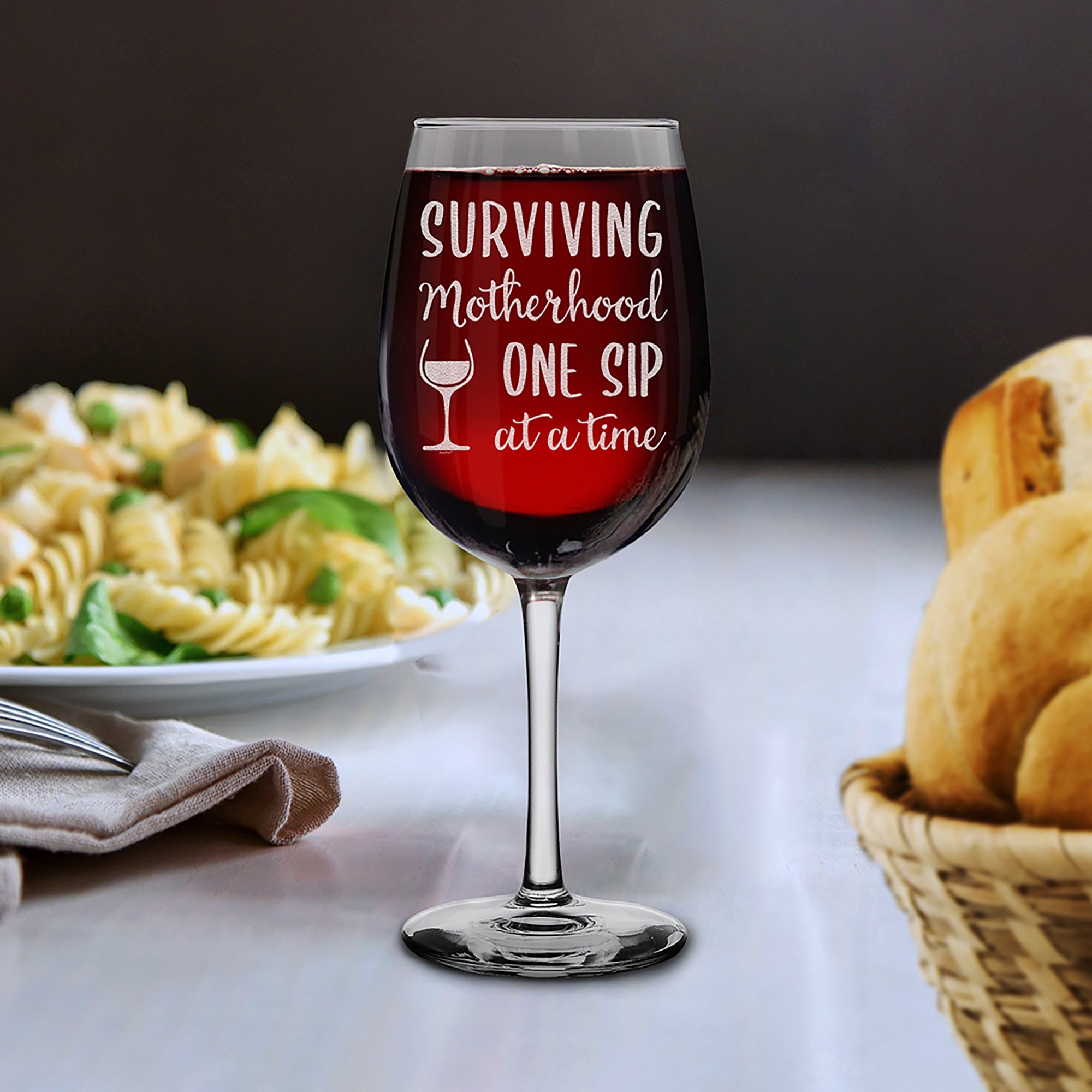 Surviving Motherhood One Sip At A Time Engraved Stemmed Wine Glass Funny New Mom Gift (16 oz.)