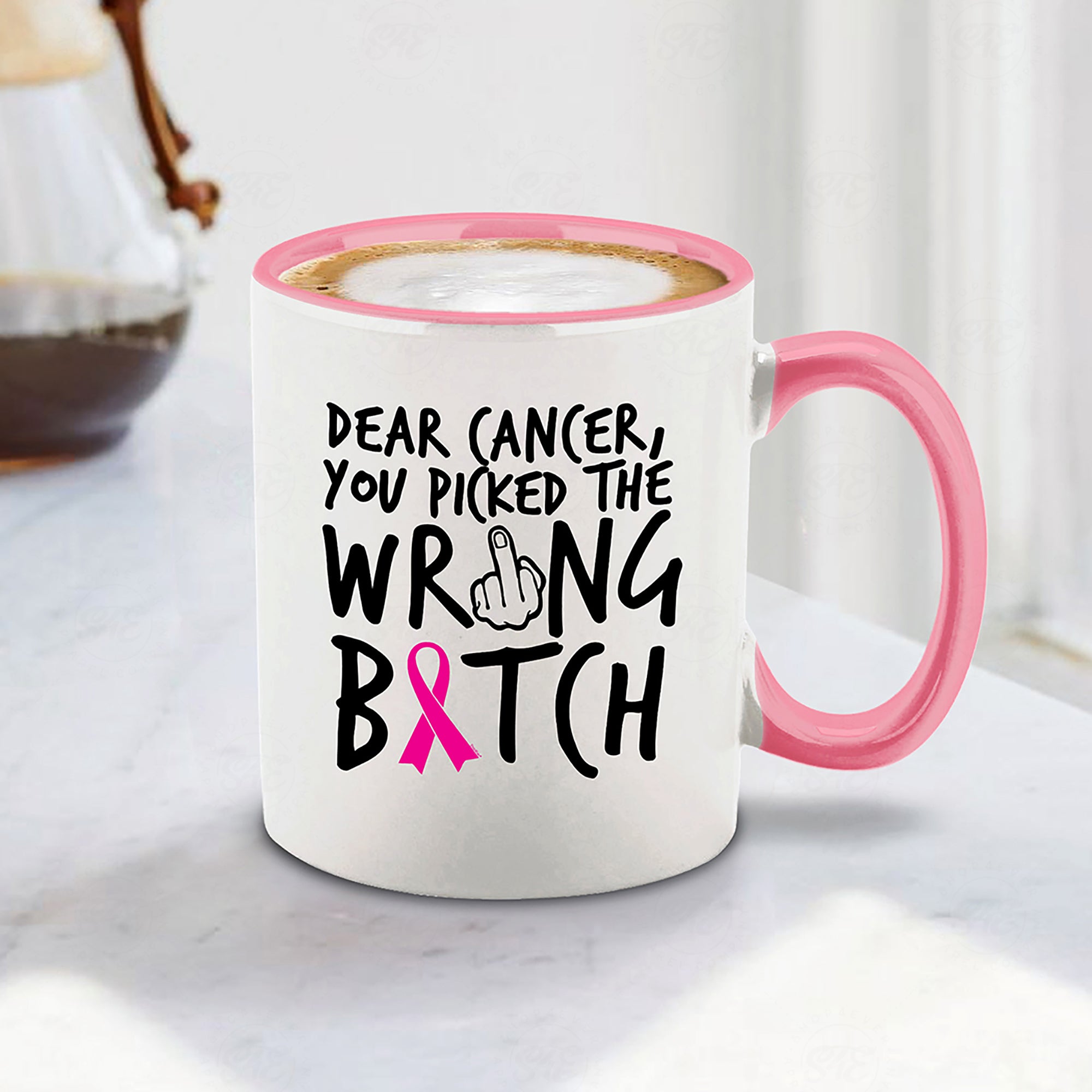 Dear Cancer, You Picked The Wrong Pink Ribbon Ceramic Coffee Mug Breast Cancer Fighter Warrior Mug (Pink Handle, 11 oz.)