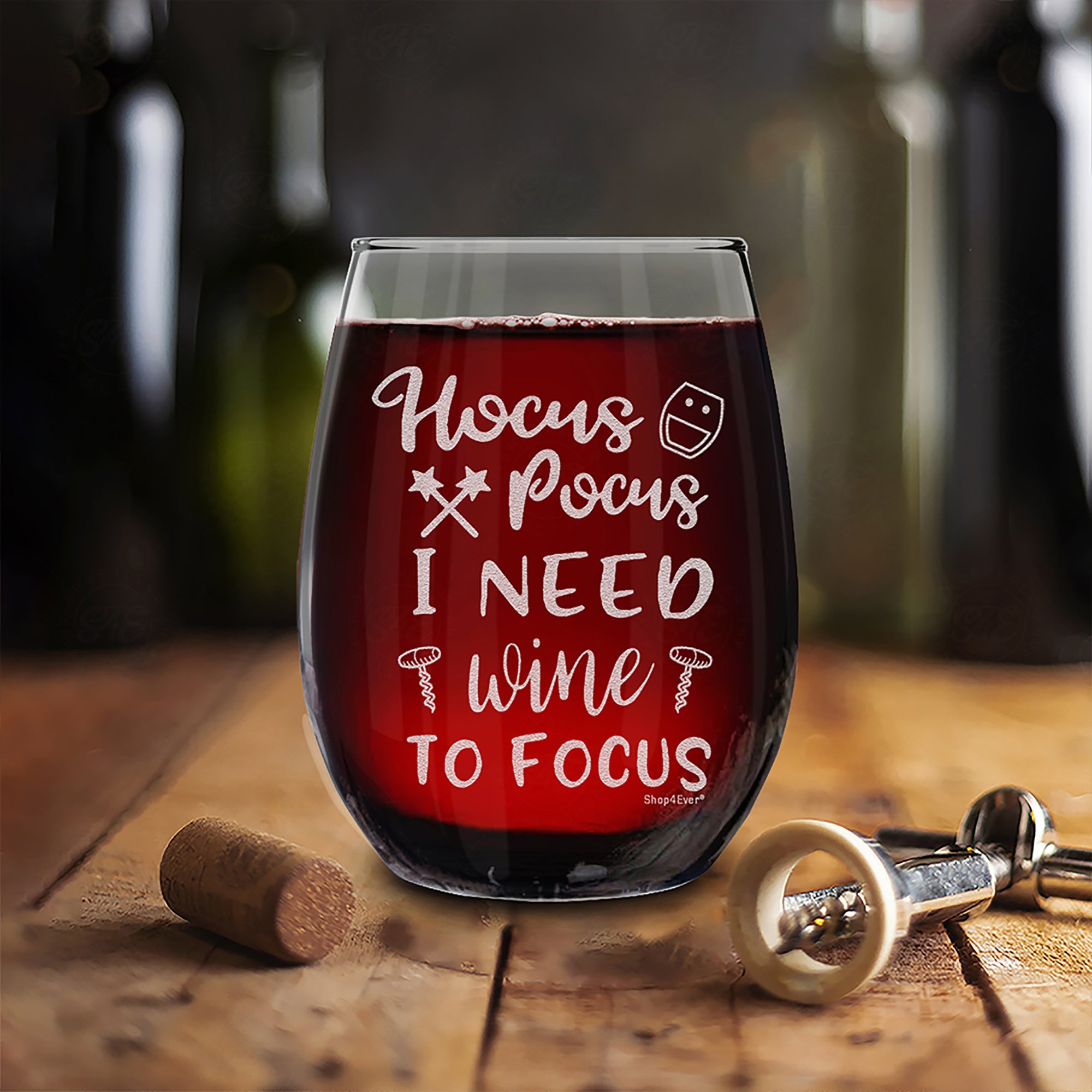 Hocus Pocus I Need Wine To Focus Laser Engraved Stemless Wine Glass Funny Halloween Wine Glass
