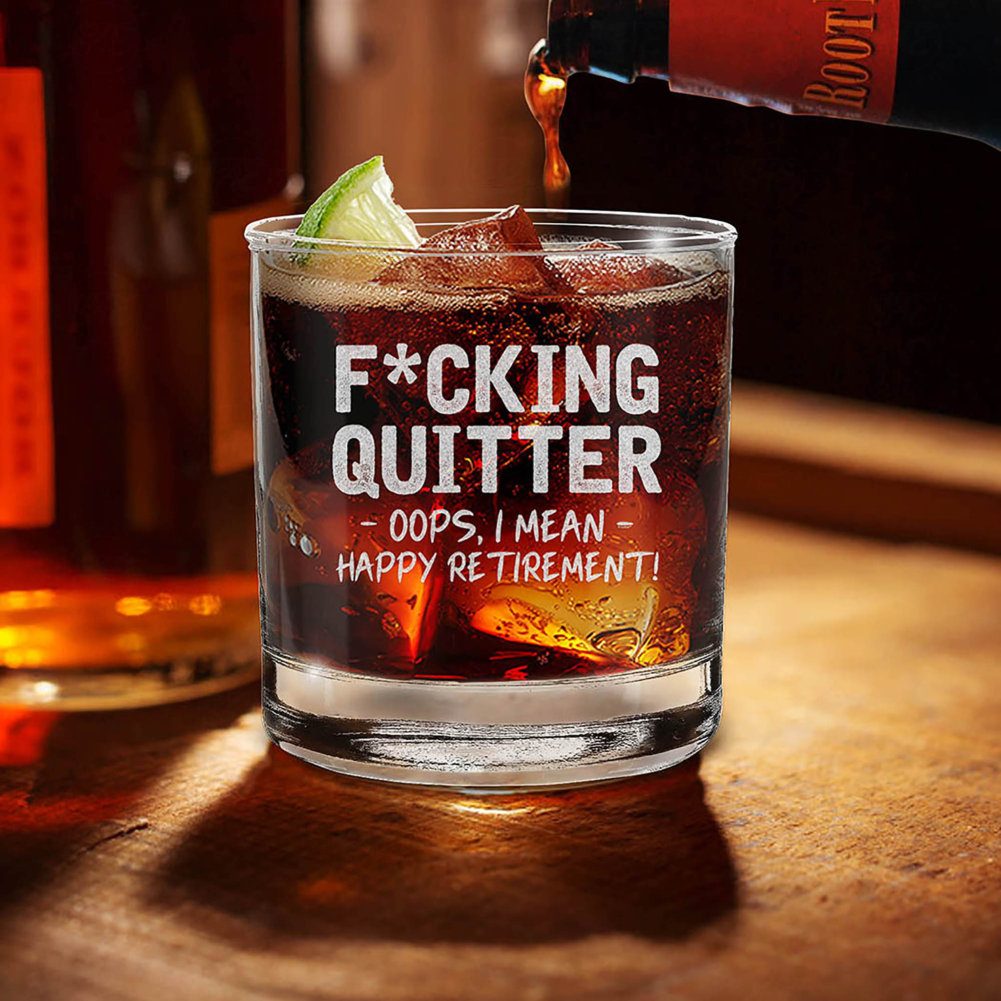 Quitter Oops, I Mean Happy Retirement! Engraved Whiskey Glass