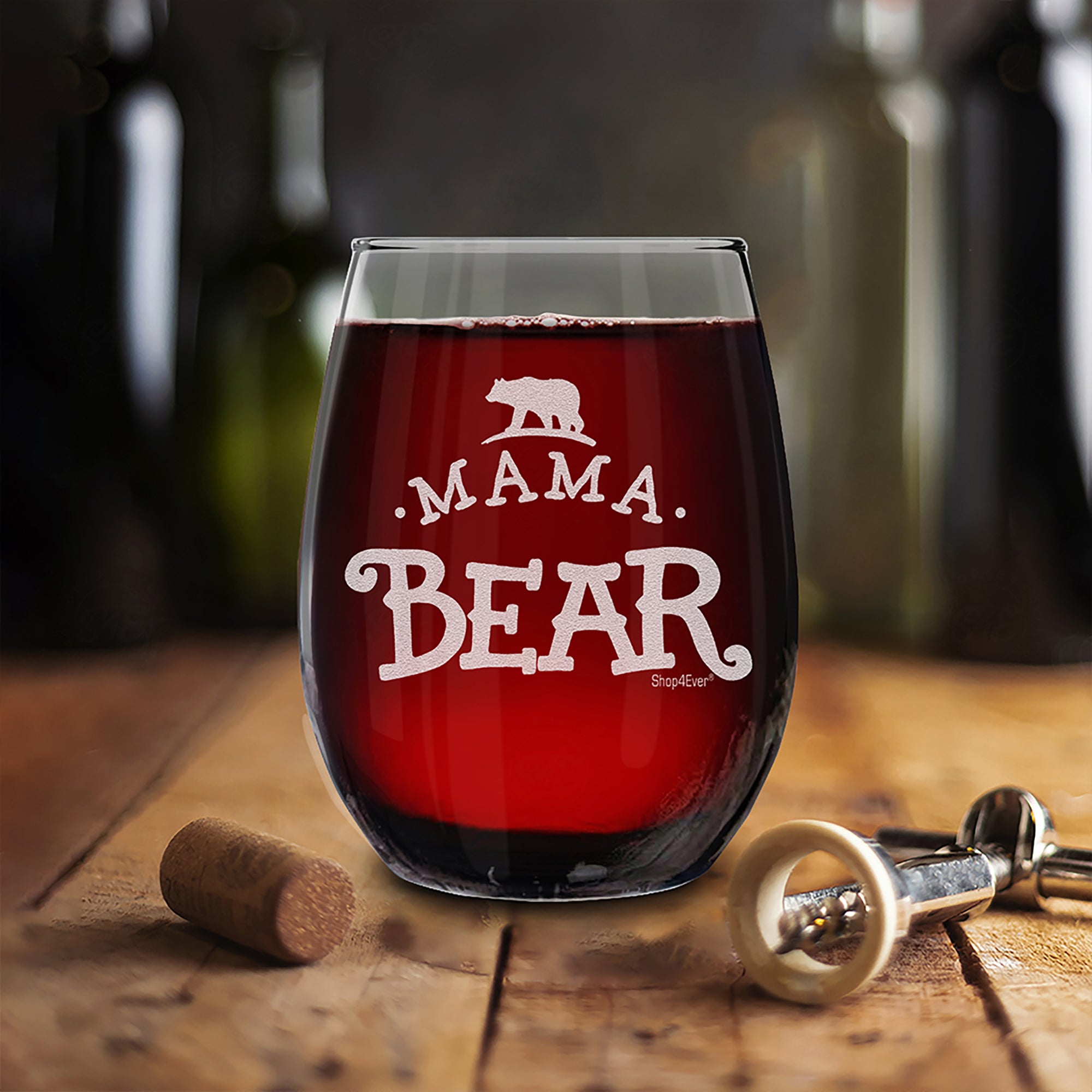 New Mom Wine Glass Mama Bear Laser Engraved Stemless Wine Glass