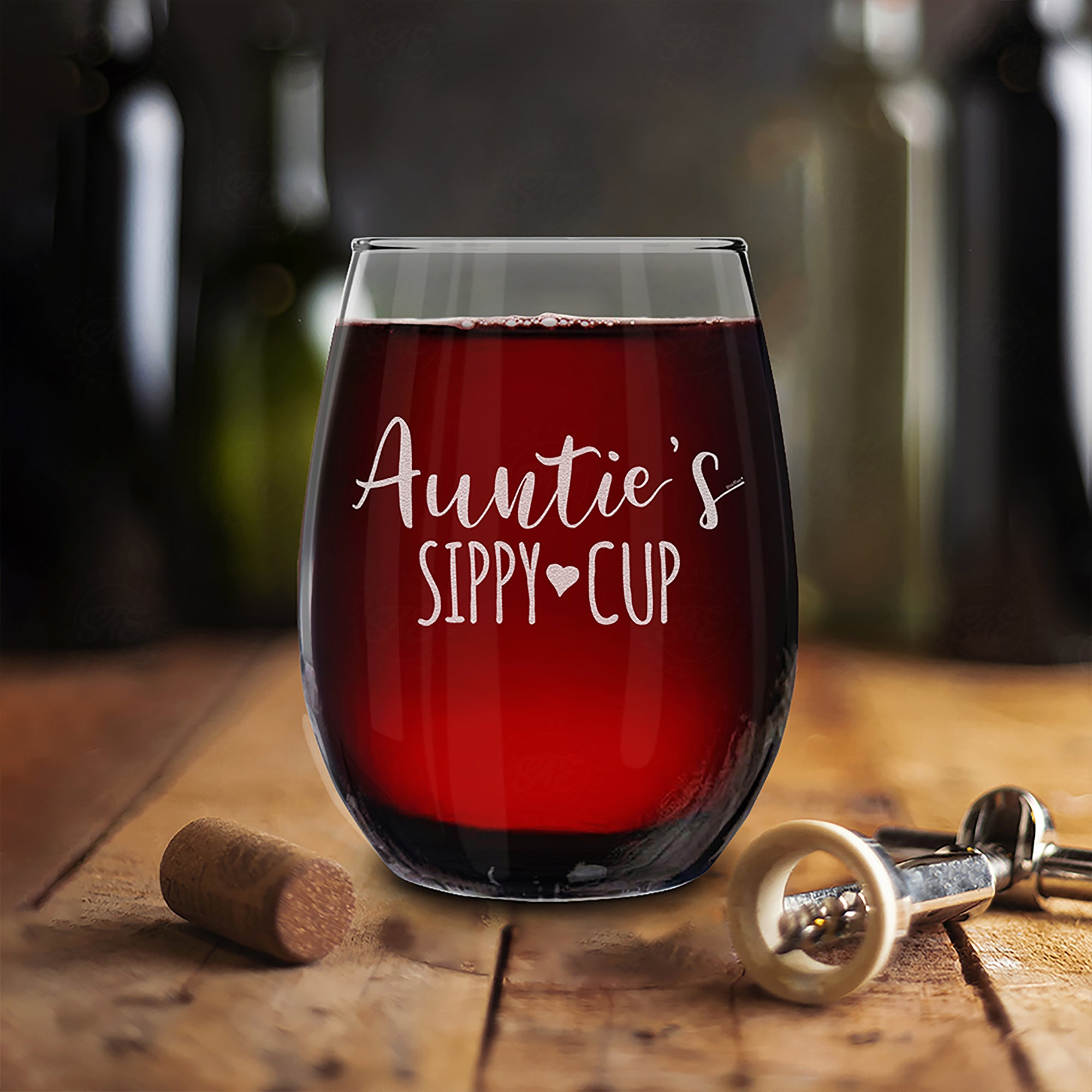 Auntie's Sippy Cup Engraved Stemless Wine Glass Promoted to Aunt New Auntie Wine Glass