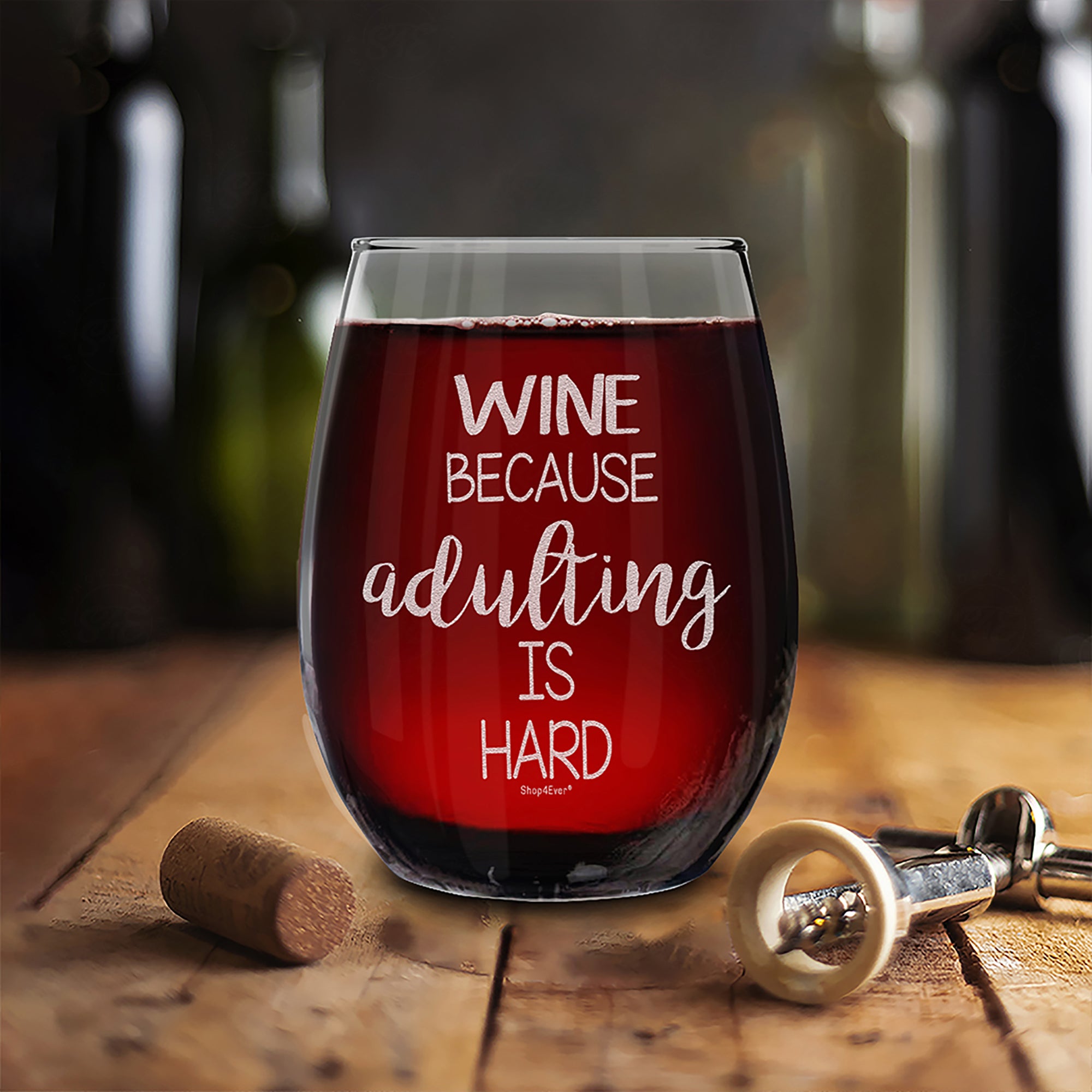 Funny Wine Glass Wine Because Adulting is Hard Laser Engraved Stemless Wine Glass