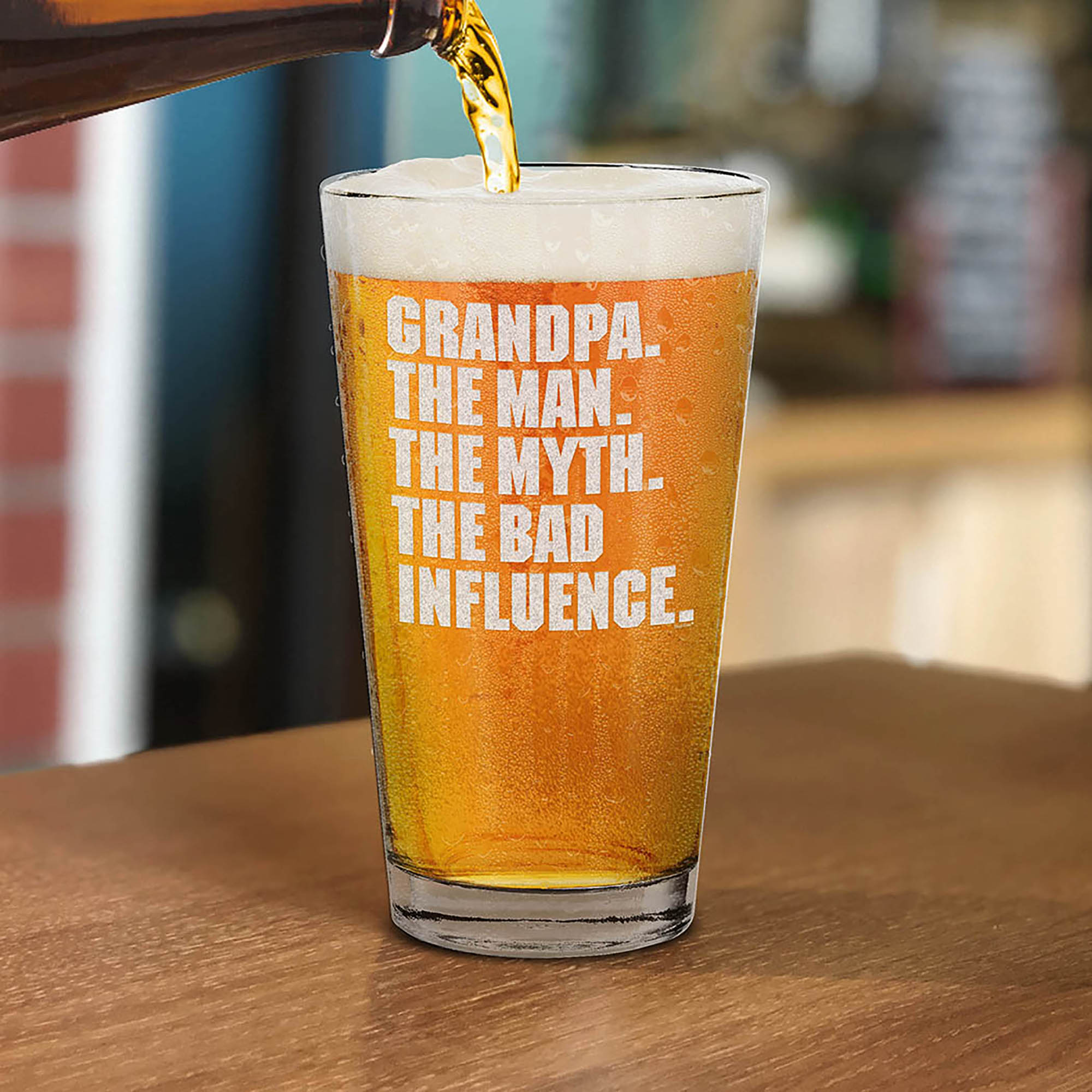 Grandpa. The Man. The Myth. The Bad Influence. Engraved Beer Pint Glass Grandpa Drinking Glass