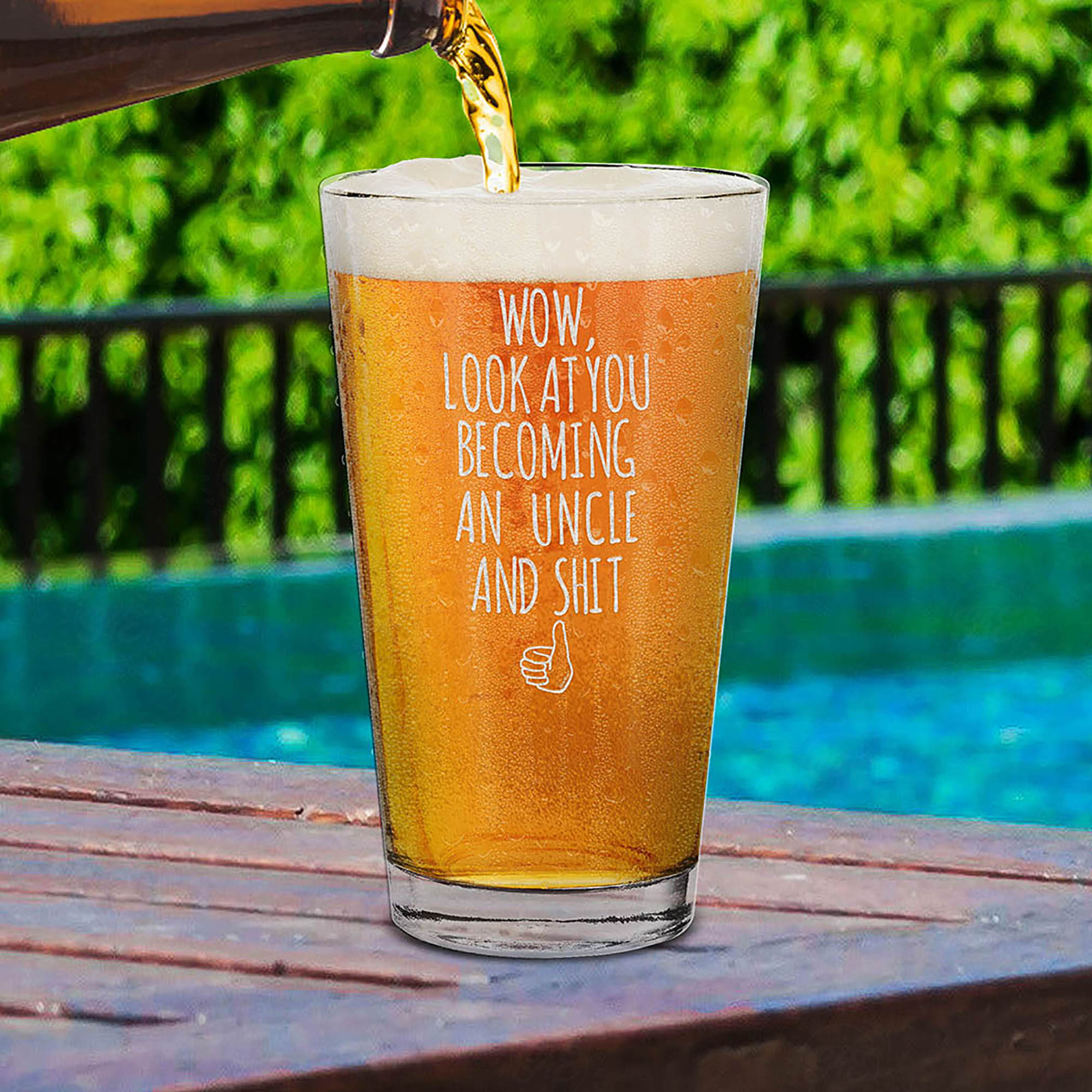 Wow, Look At You Becoming An Uncle Engraved Beer Pint Glass Pregnancy Announcement Uncle Gift (Uncle)