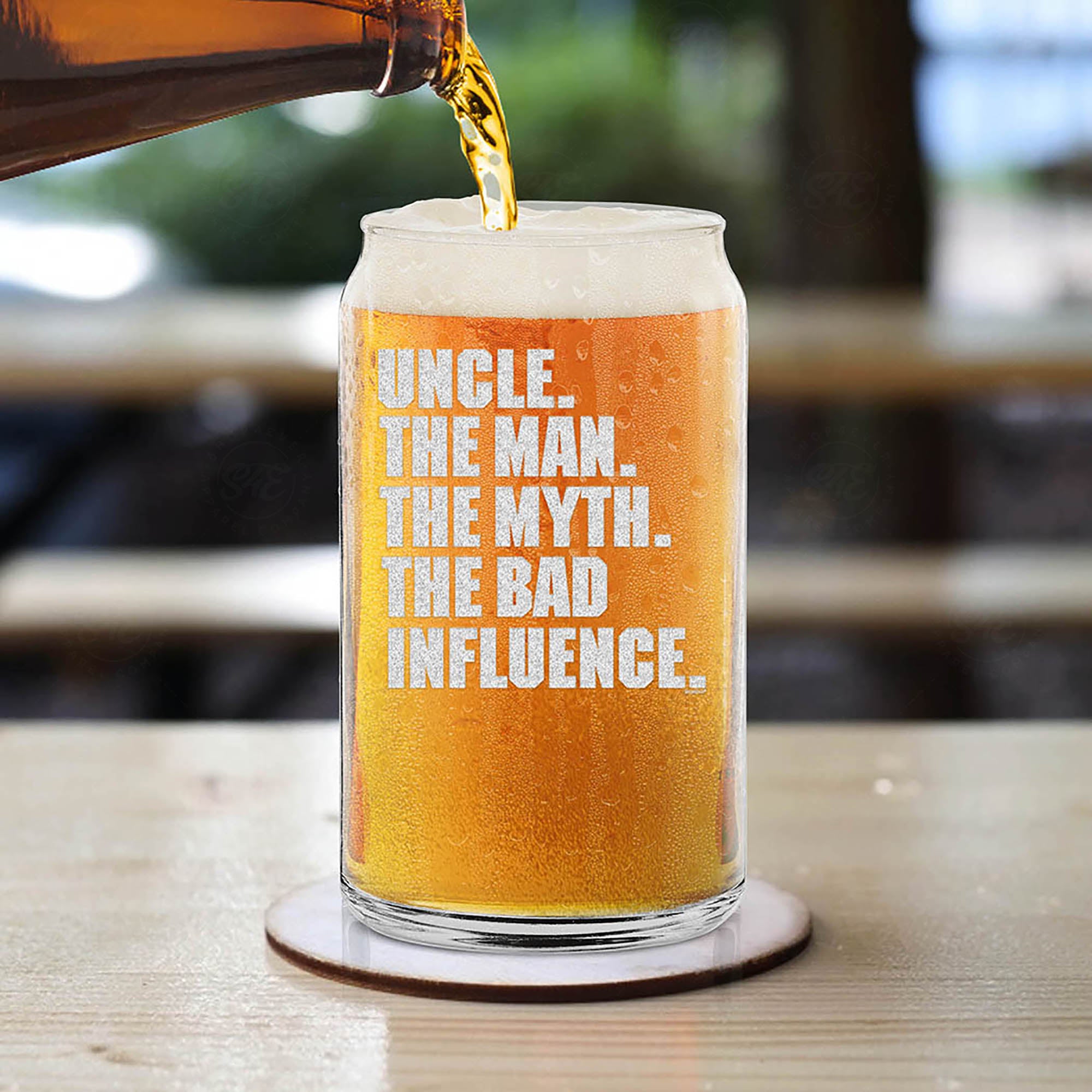 Uncle. The Man. The Myth. The Bad Influence. Engraved Beer Can Glass Funny Uncle Glass Gift