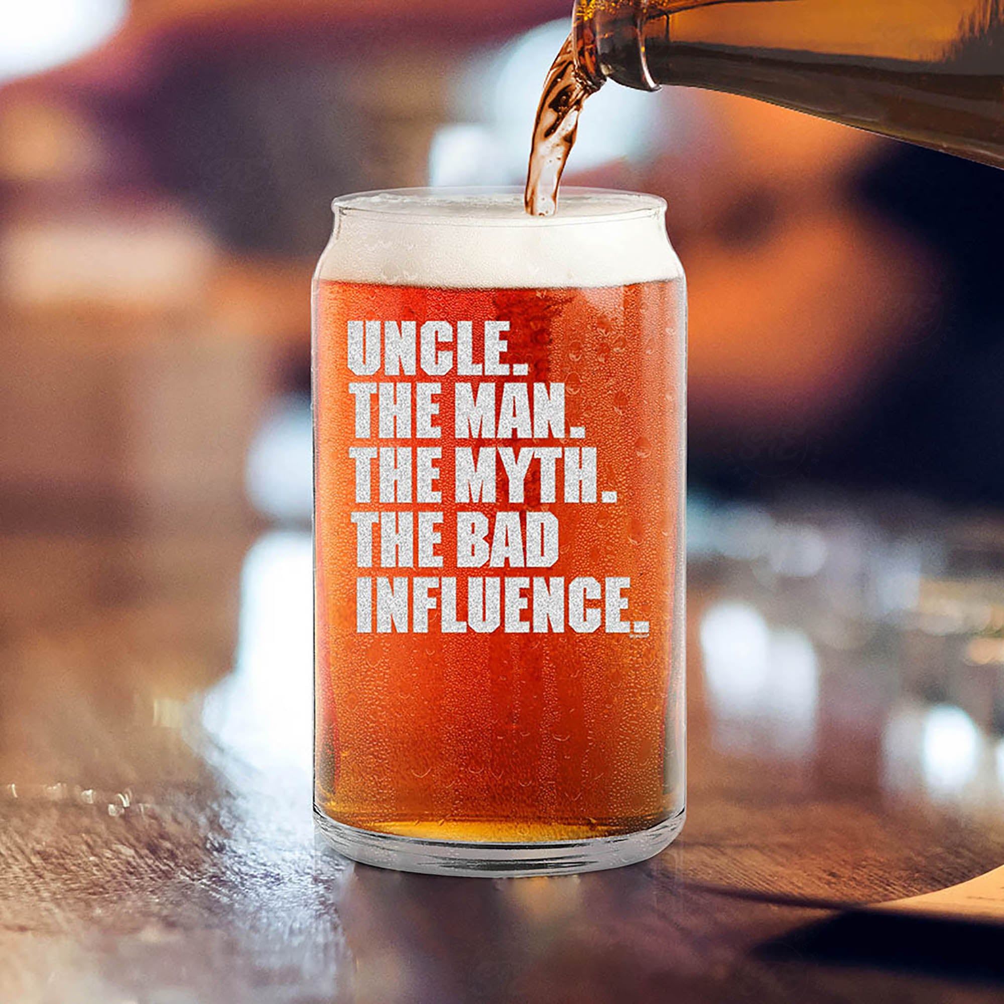 Uncle. The Man. The Myth. The Bad Influence. Engraved Beer Can Glass Funny Uncle Glass Gift