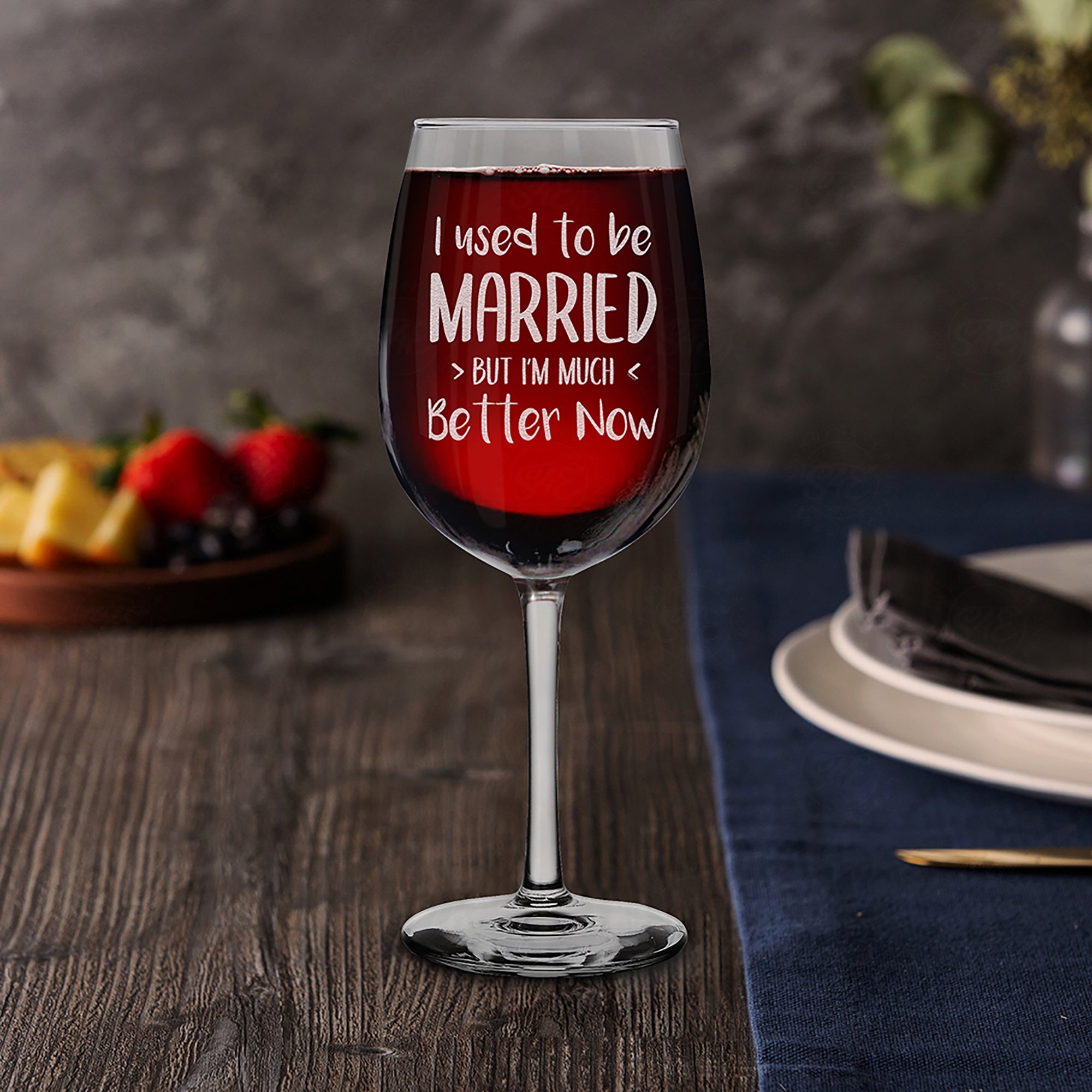 I Used To Be Married But I'm Much Better Now Engraved Stemmed Wine Glass Funny Gift for Divorcee Divorce Party (16 oz.)