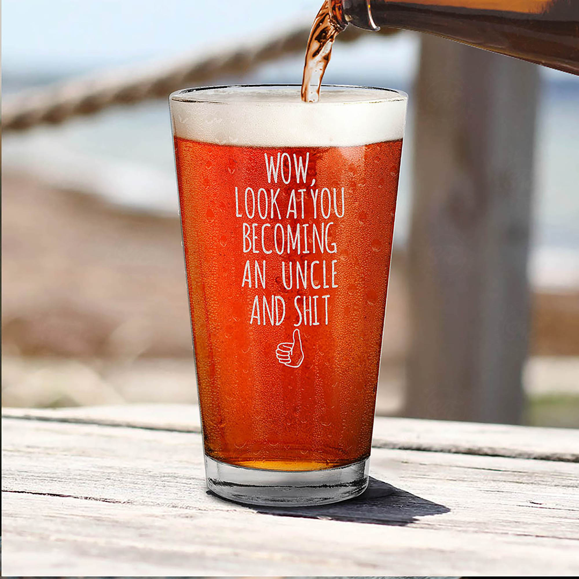 Wow, Look At You Becoming An Uncle Engraved Beer Pint Glass Pregnancy Announcement Uncle Gift (Uncle)