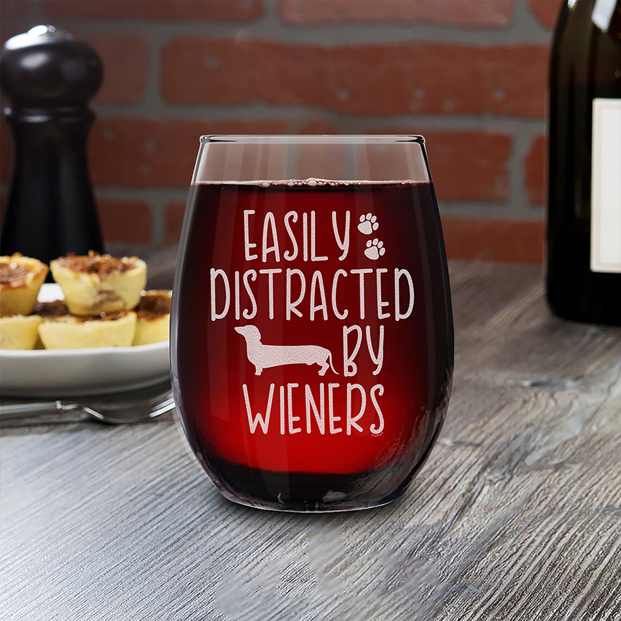 Easily Distracted By Engraved Stemless Wine Glass Funny Dachshund Weiner Dog Mom Gift