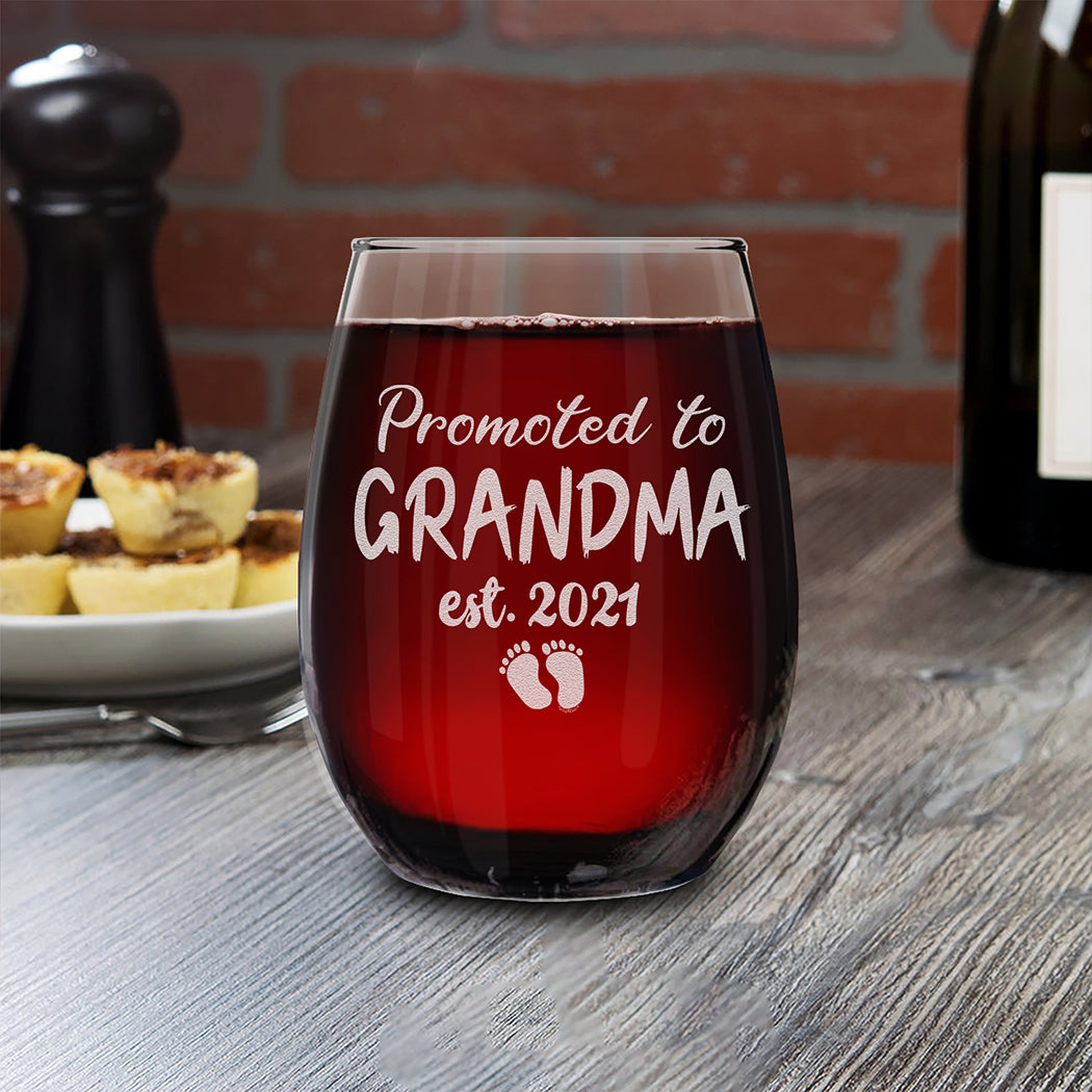 Promoted To Grandma Est 2021 Engraved Stemless Wine Pregnancy Announcement Grandma To Be