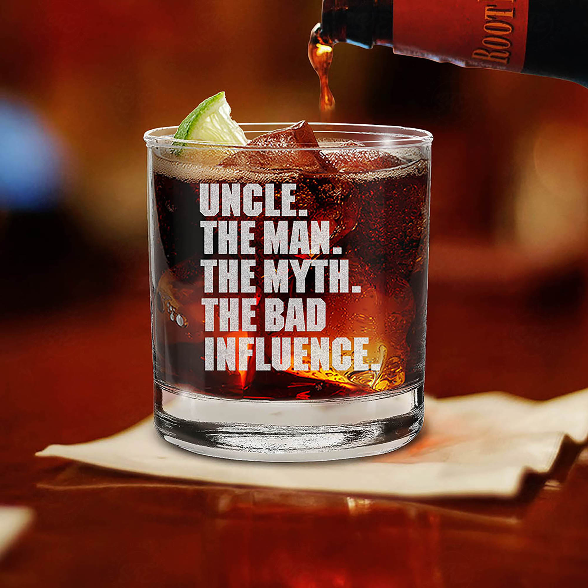 Uncle. The Man. The Myth. The Bad Influence. Engraved Whiskey Glass Uncle Birthday Gift