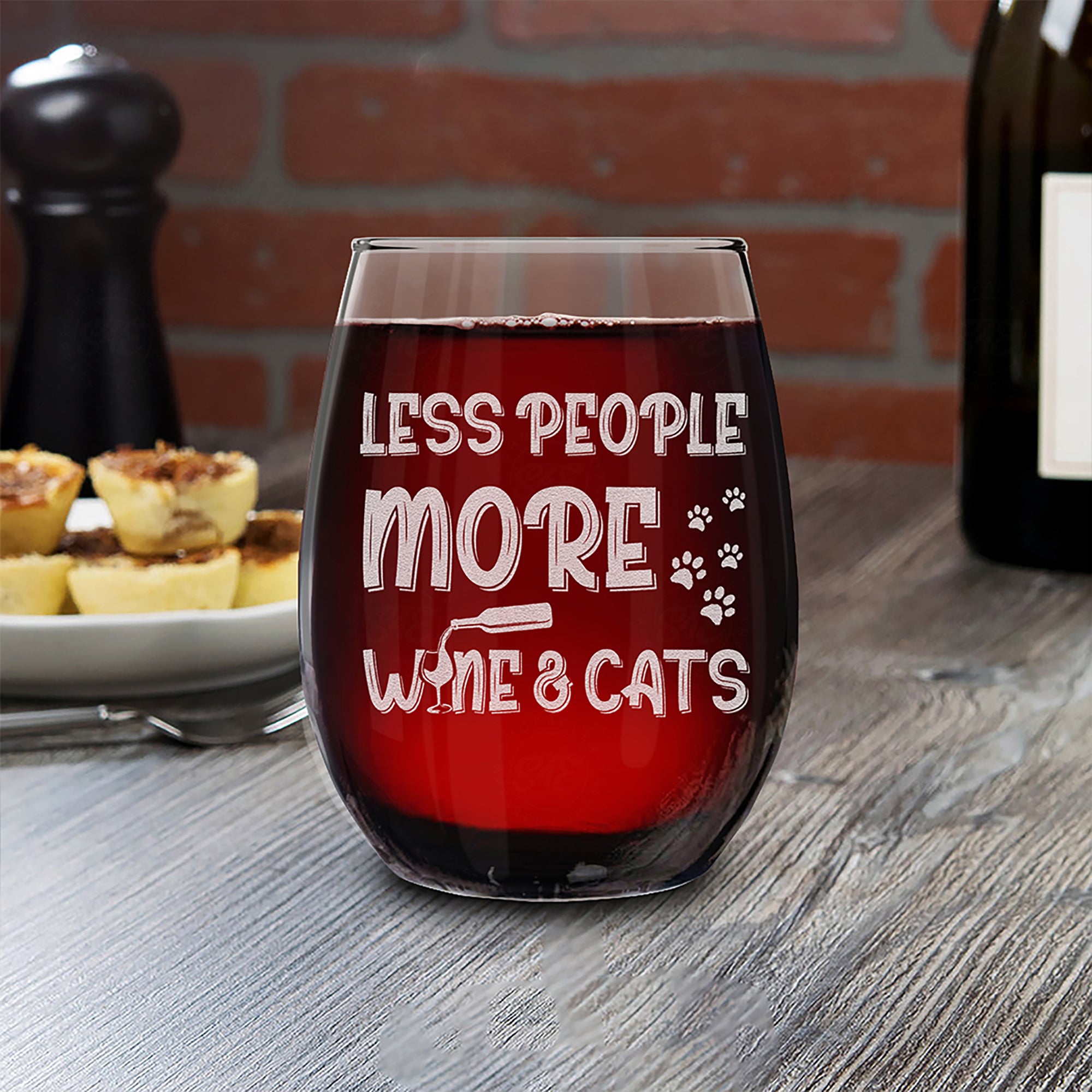 Less People More Wine & Cats Engraved Stemless Wine Glass Funny Gift For Cat Mom Cat Lover
