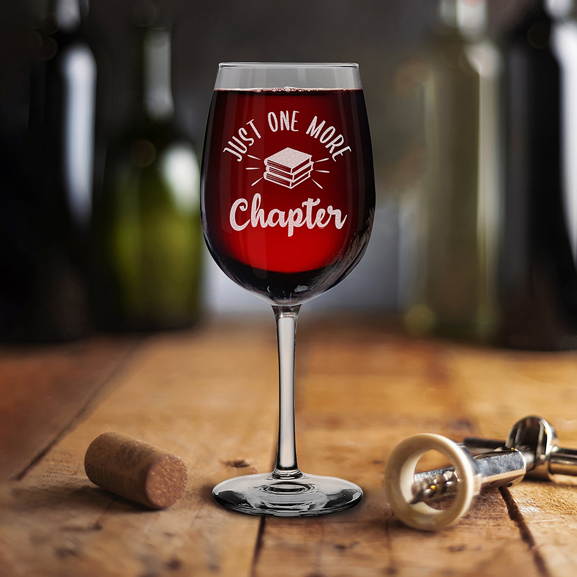 Funny Reading Wine Glass Just One More Chapter Engraved Stemmed Wine Glass Gift for Book Worm Reader Teacher Librarian (16 oz.)