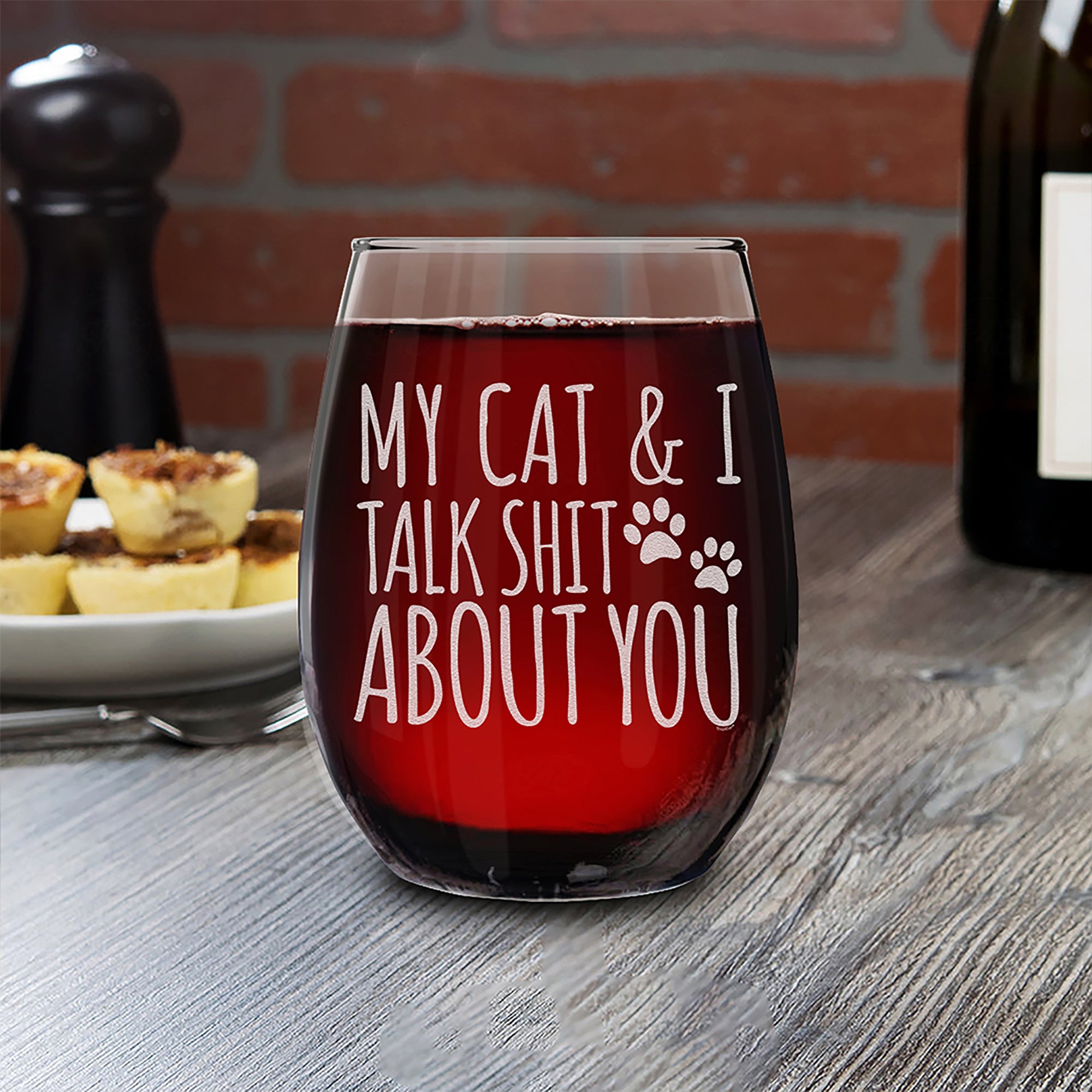 My Cat & I Talk About You Engraved Stemless Wine Glass Funny Cat Mom Gift