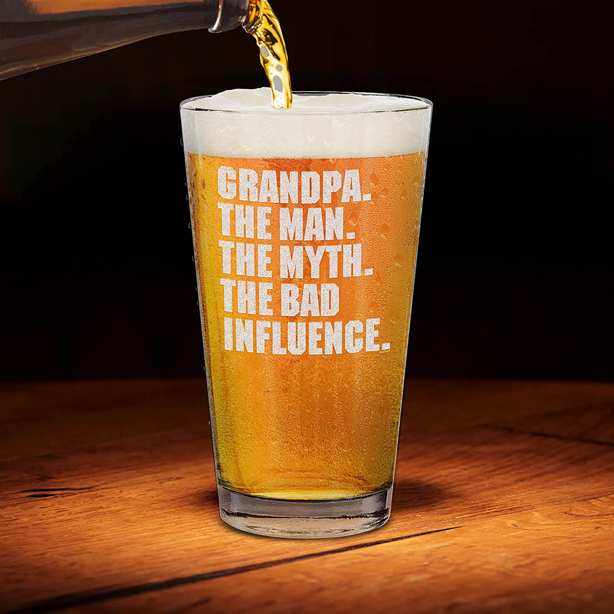 Grandpa. The Man. The Myth. The Bad Influence. Engraved Beer Pint Glass Grandpa Drinking Glass