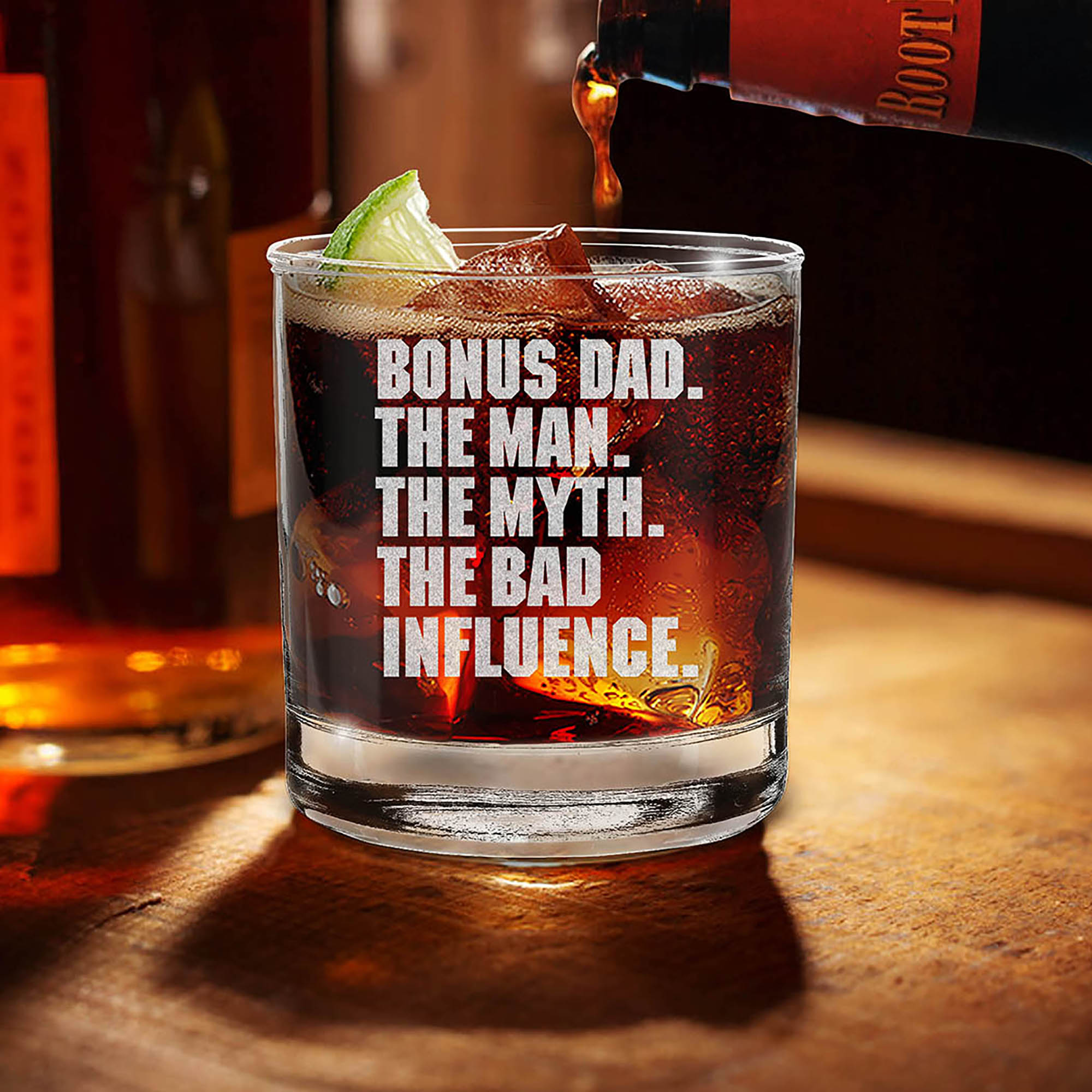 Bonus Dad The Man The Myth The Bad Influence Engraved Whiskey Glass Step Dad Glass