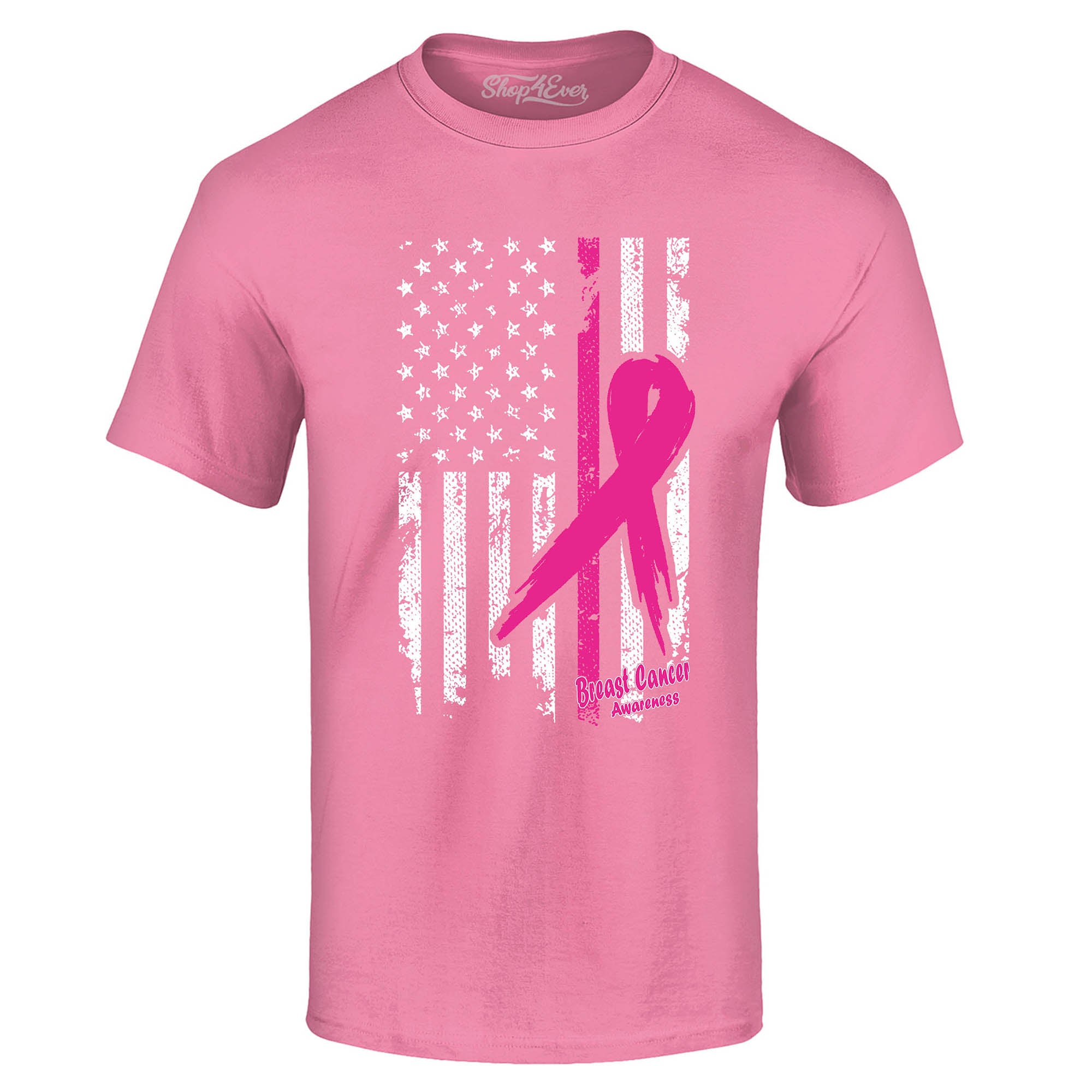 Pink Breast Cancer Ribbon American Flag T-Shirt Support Awareness Tee