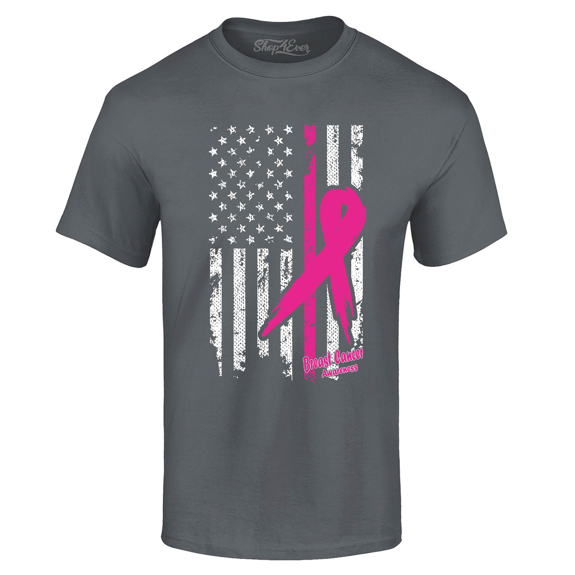 Pink Breast Cancer Ribbon American Flag T-Shirt Support Awareness Tee