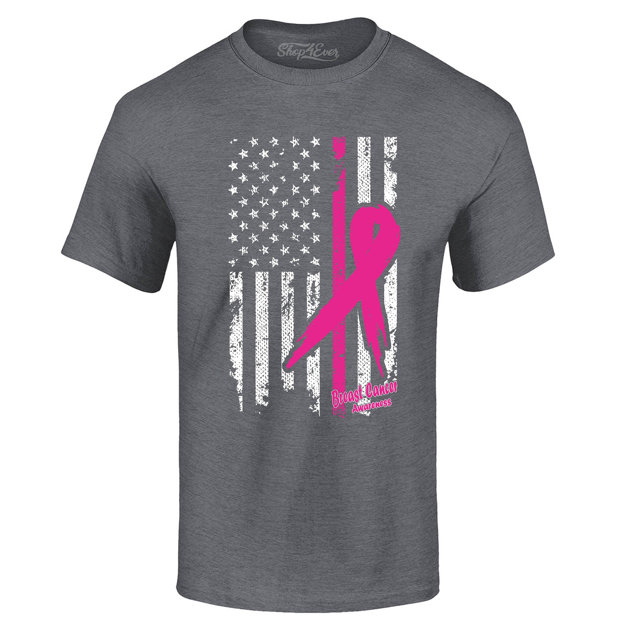 Pink Breast Cancer Ribbon American Flag T-Shirt Support Awareness Tee