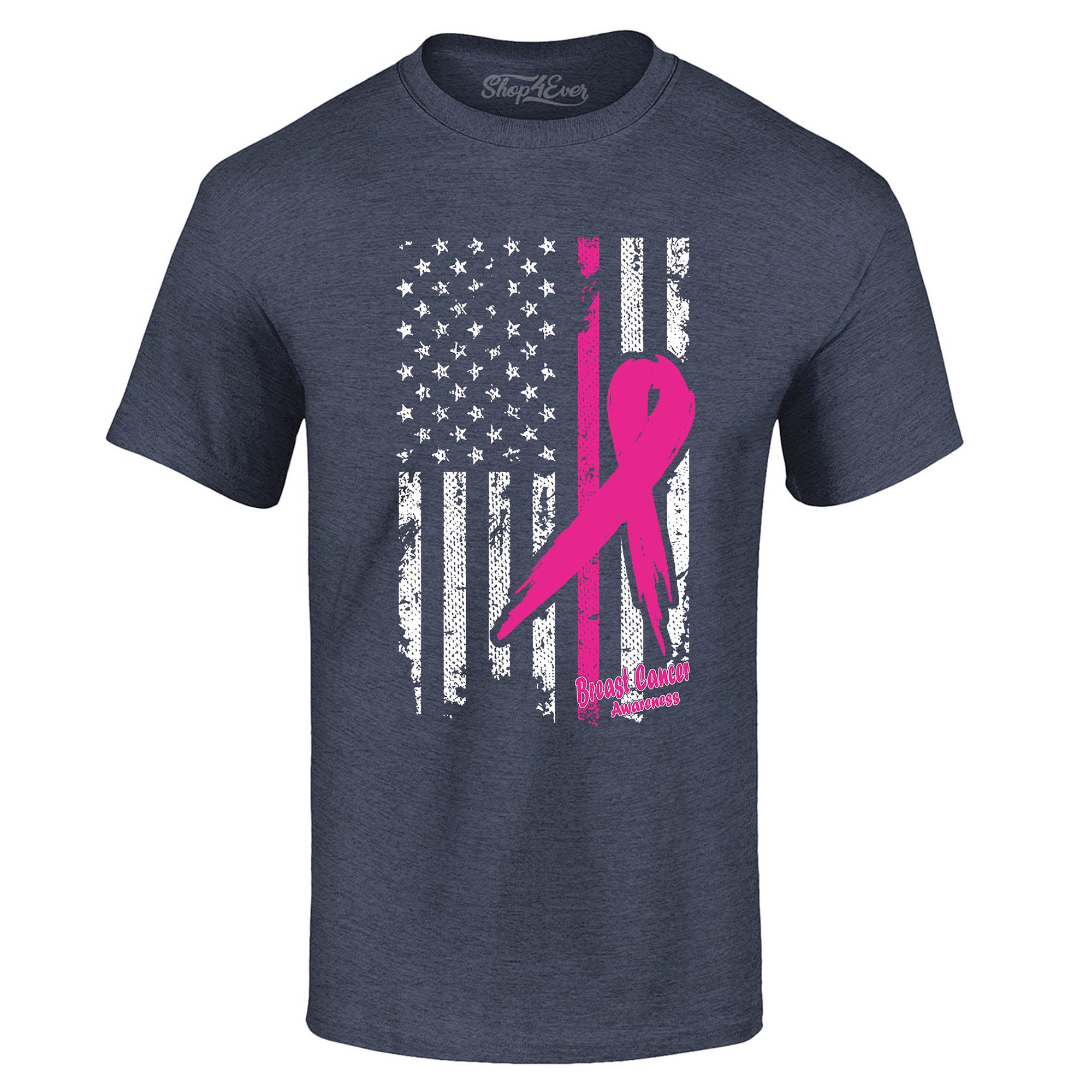 Pink Breast Cancer Ribbon American Flag T-Shirt Support Awareness Tee