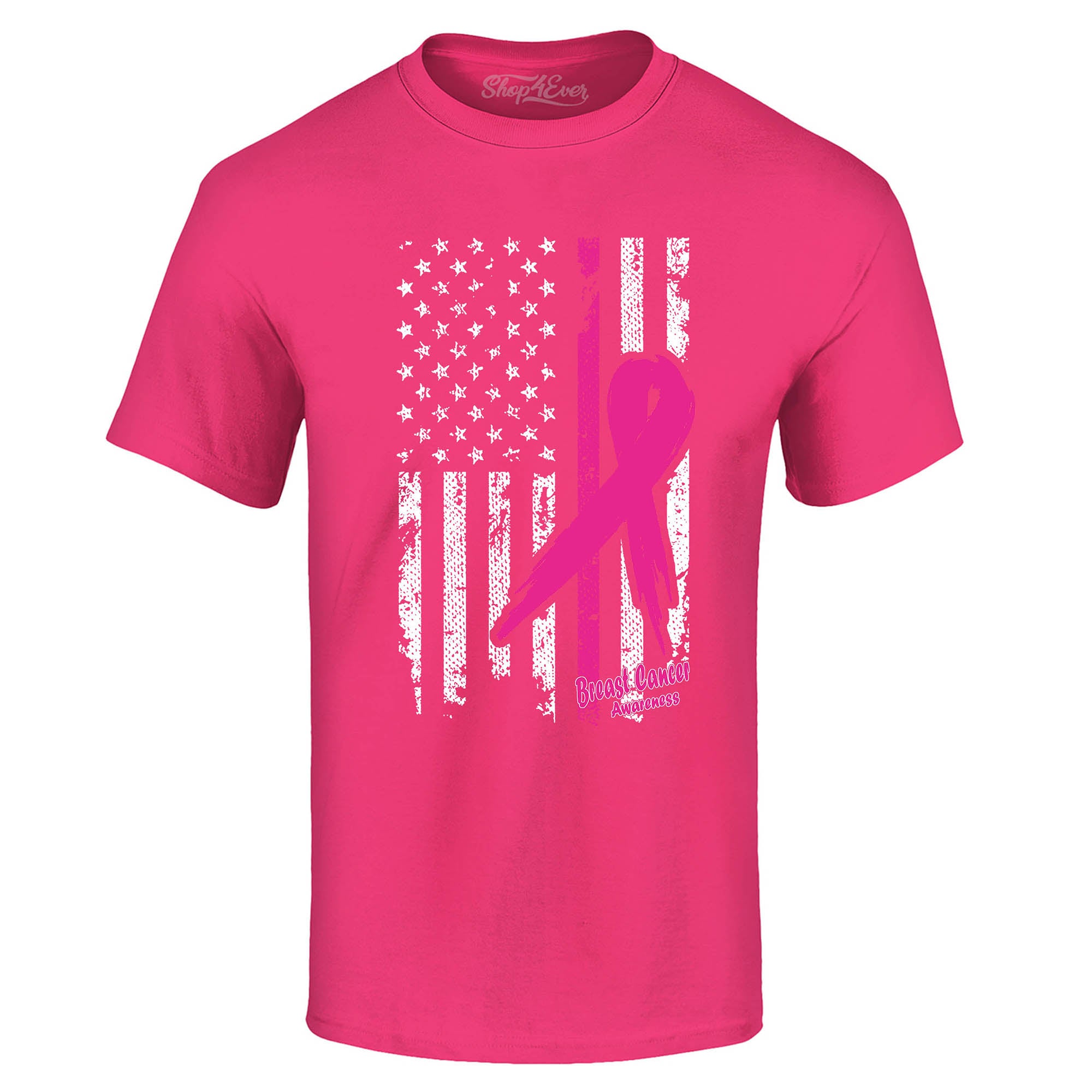 Pink Breast Cancer Ribbon American Flag T-Shirt Support Awareness Tee