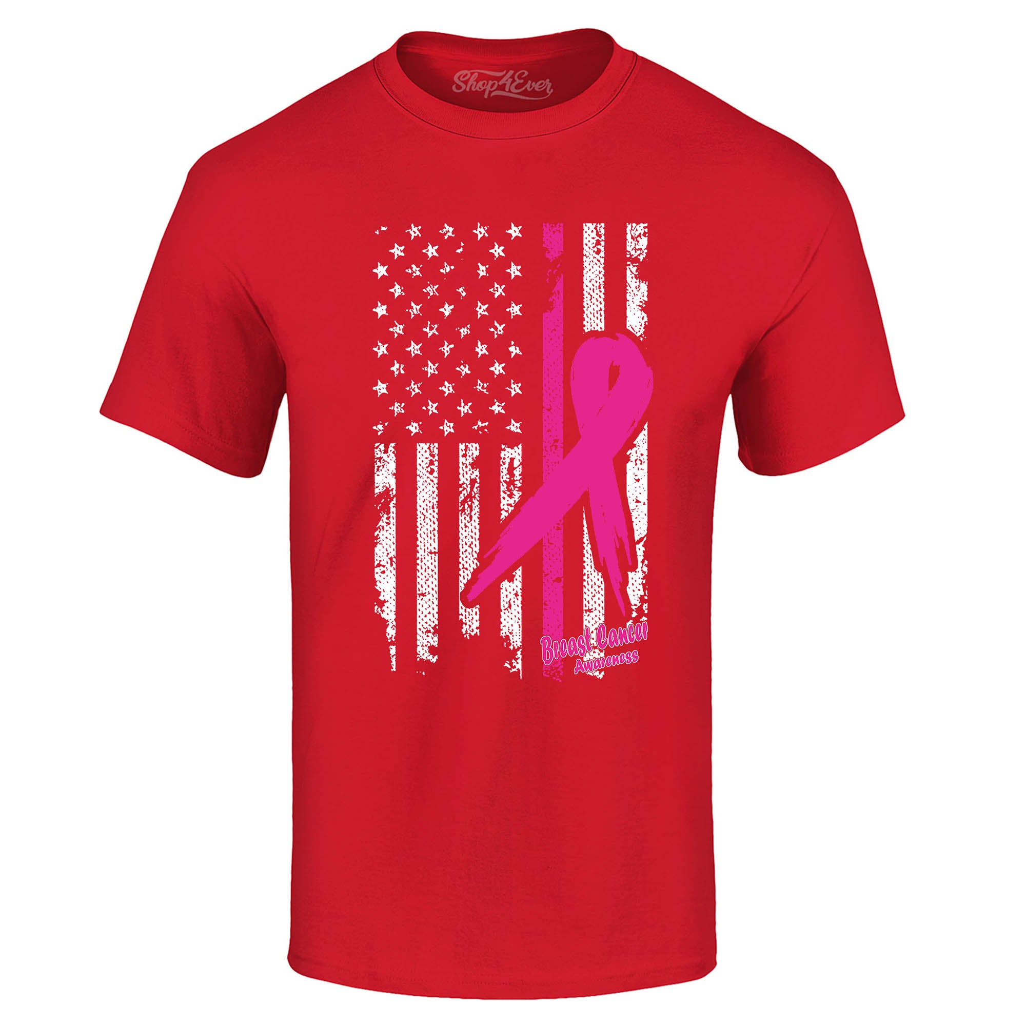 Pink Breast Cancer Ribbon American Flag T-Shirt Support Awareness Tee