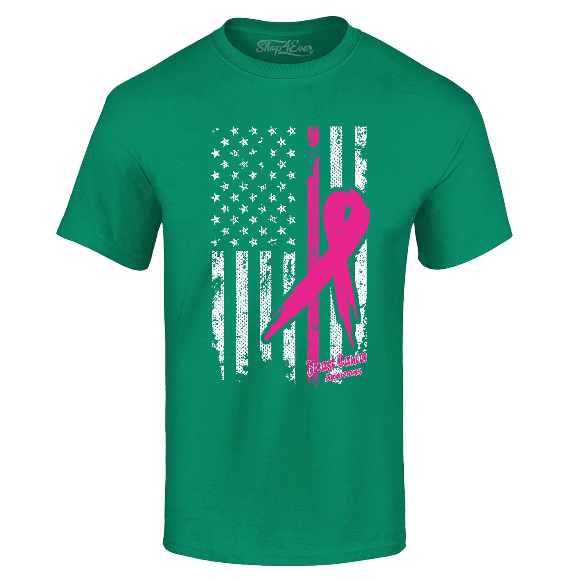 Pink Breast Cancer Ribbon American Flag T-Shirt Support Awareness Tee