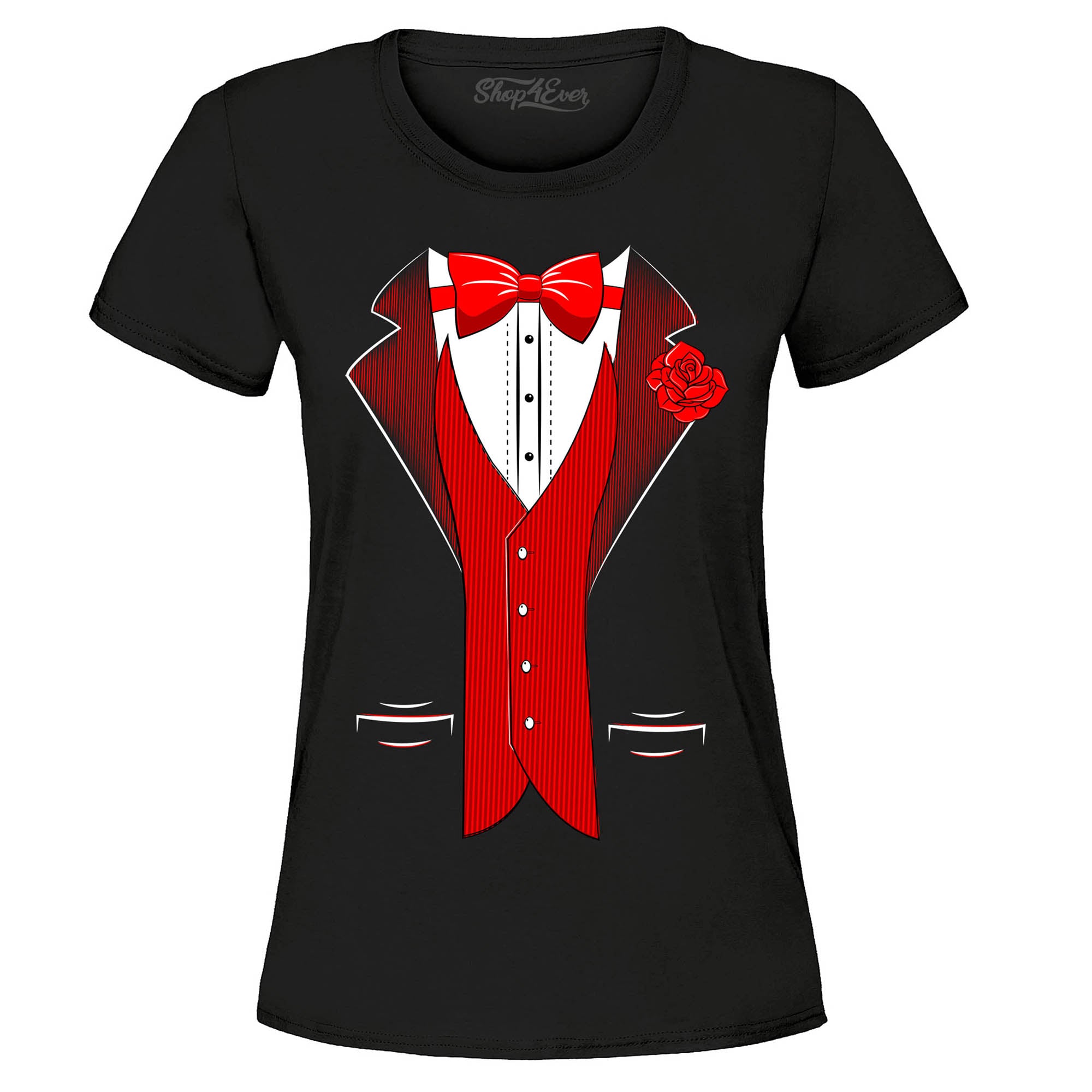 Classic Tuxedo with Red Rose Women's T-Shirt Party Costume Shirts