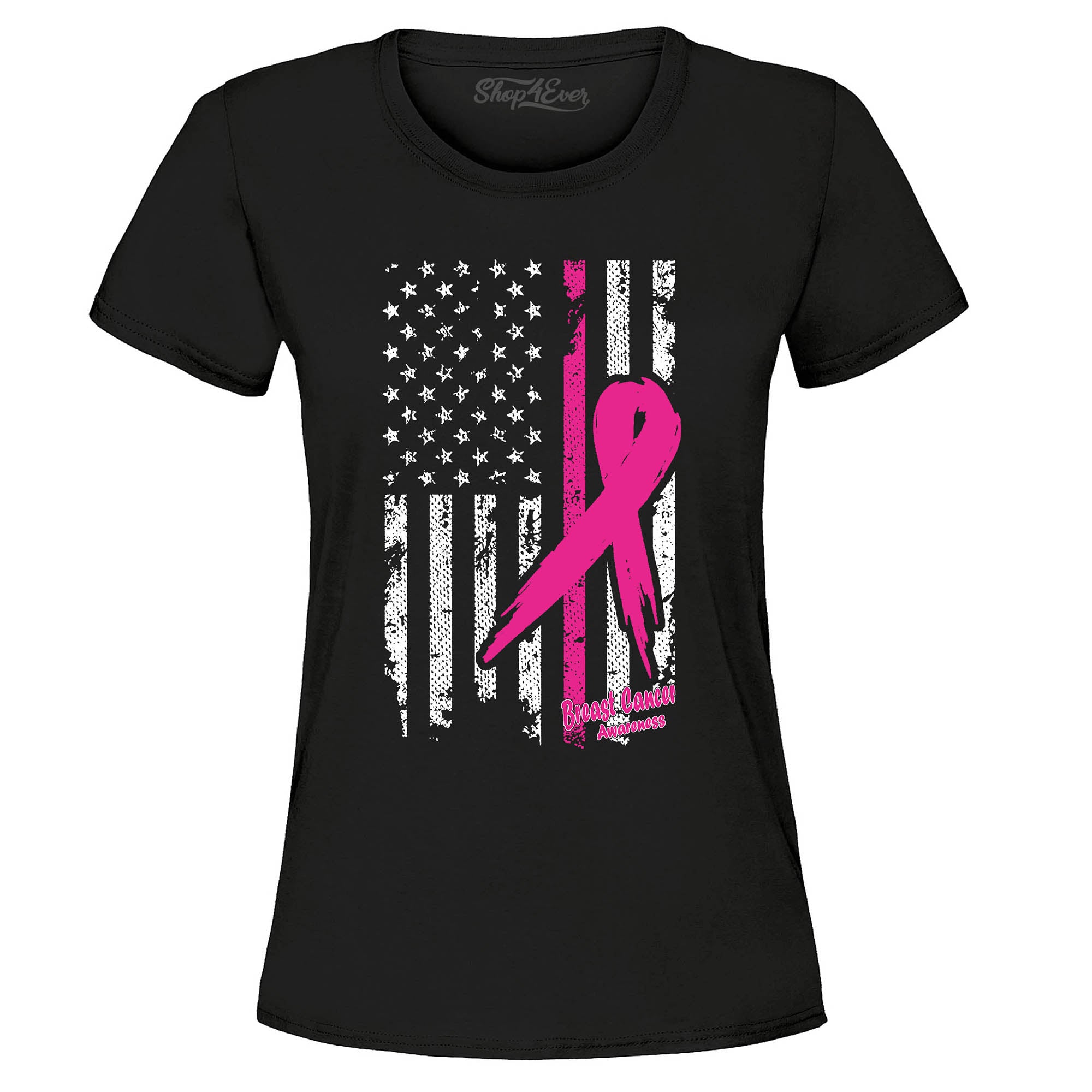 Pink Breast Cancer Ribbon American Flag Women's T-Shirt