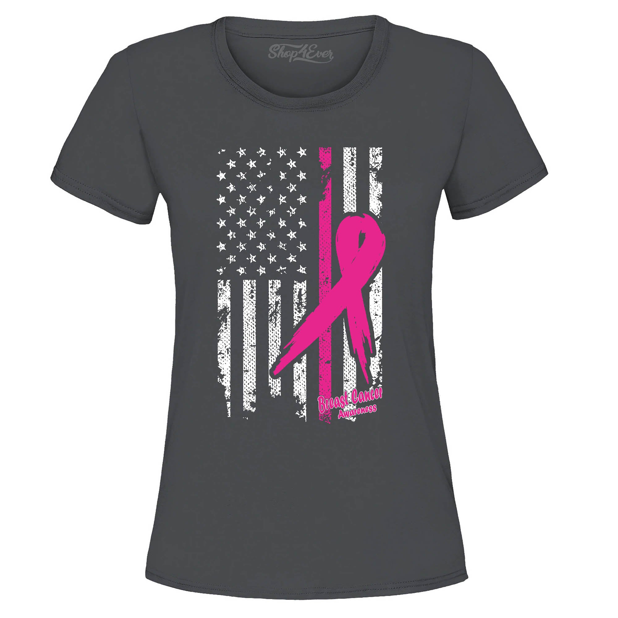 Pink Breast Cancer Ribbon American Flag Women's T-Shirt