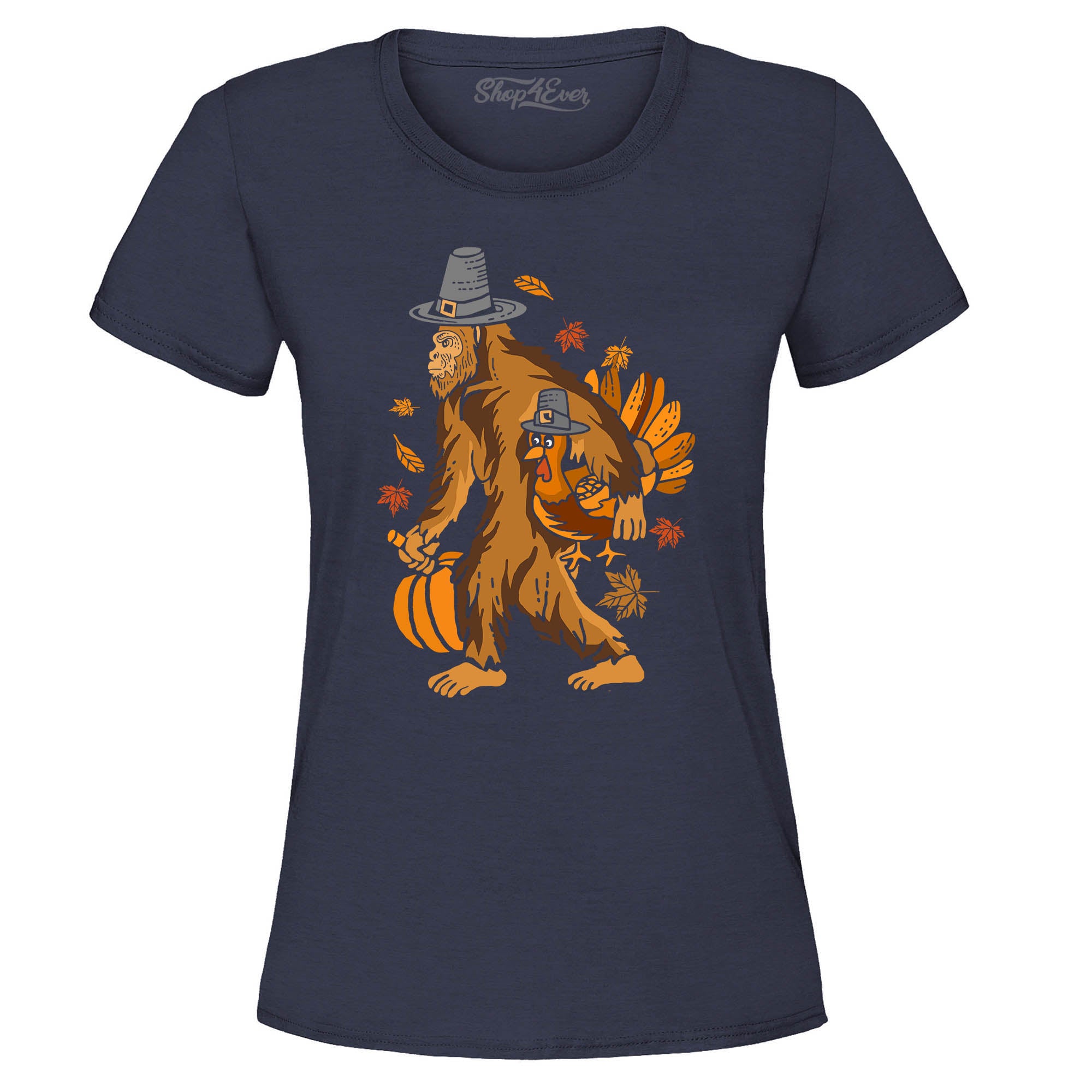 Bigfoot Pilgrim Turkey Pumpkin Thanksgiving Sasquatch Women's T-Shirt