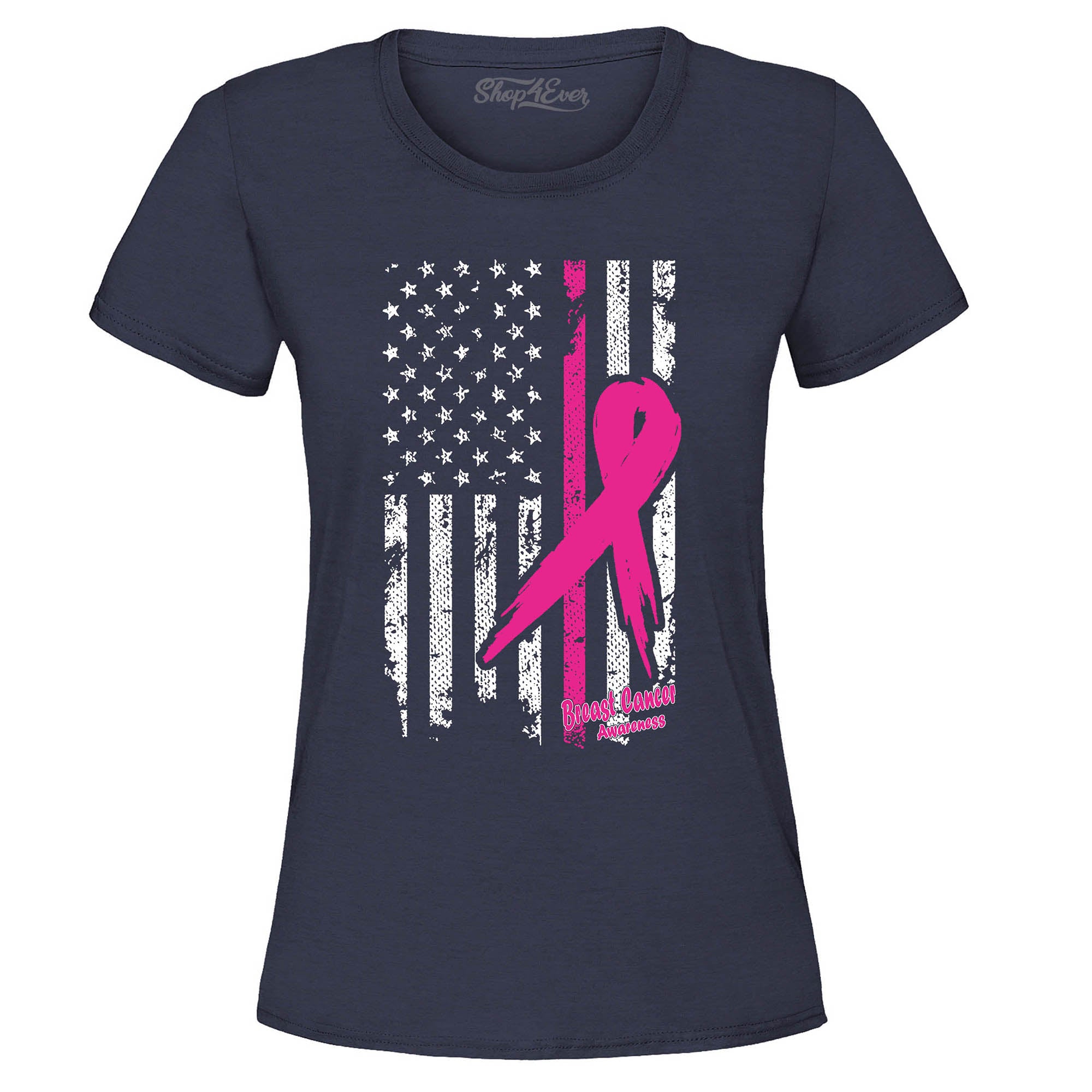 Pink Breast Cancer Ribbon American Flag Women's T-Shirt
